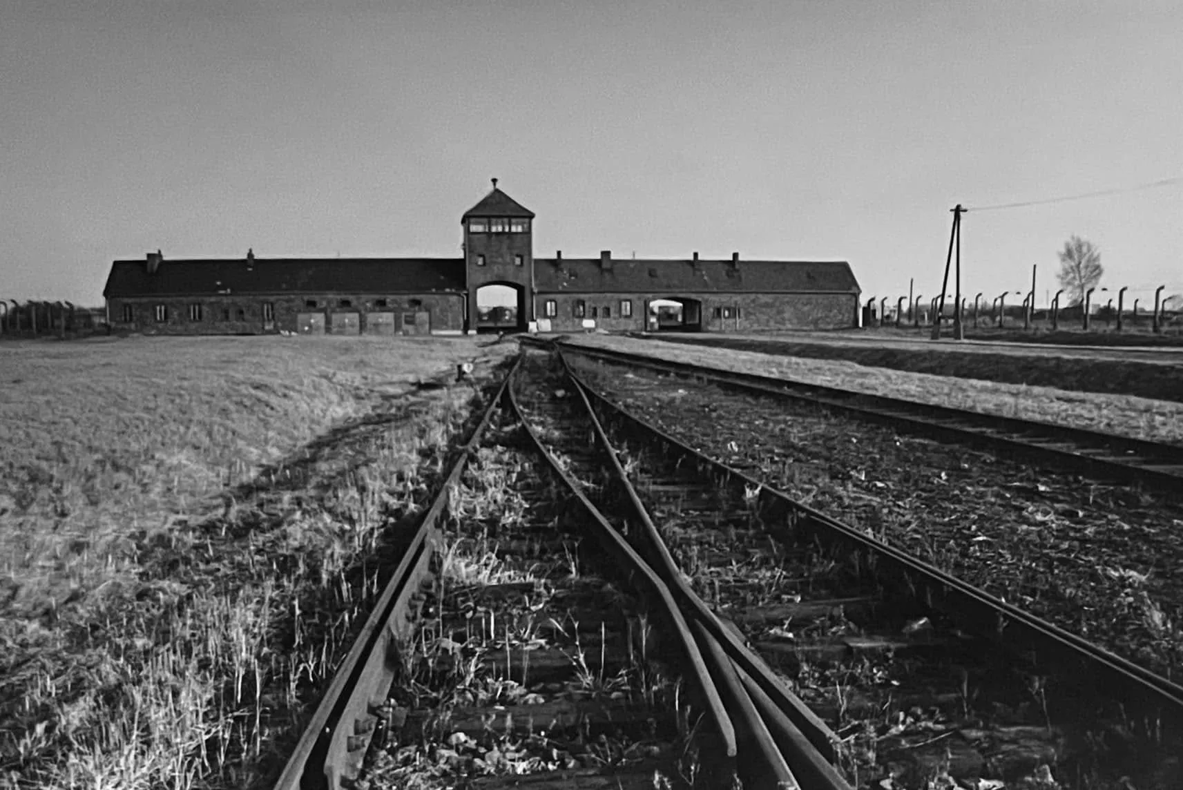 Birkenau entrance and railways, archival view