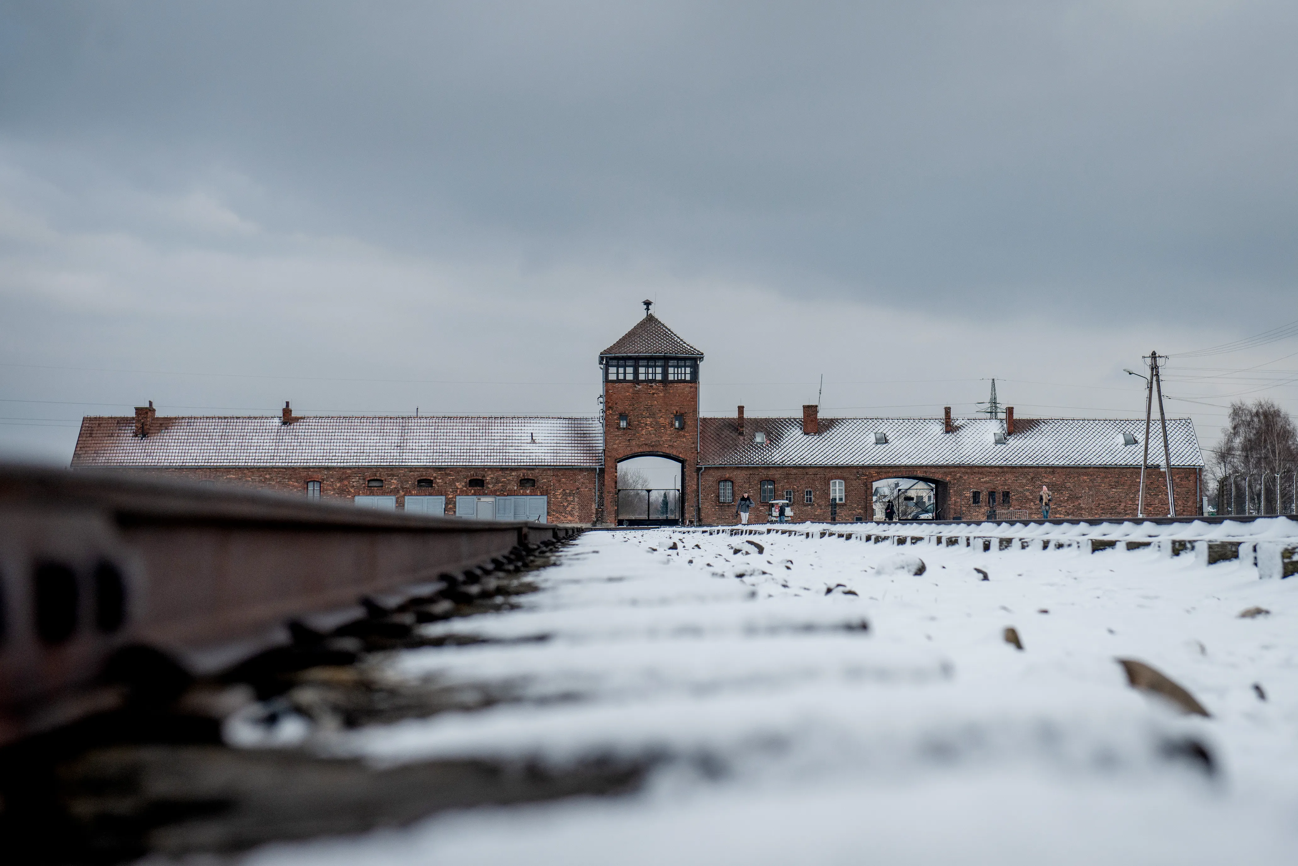 Birkenau entrance covered in snow