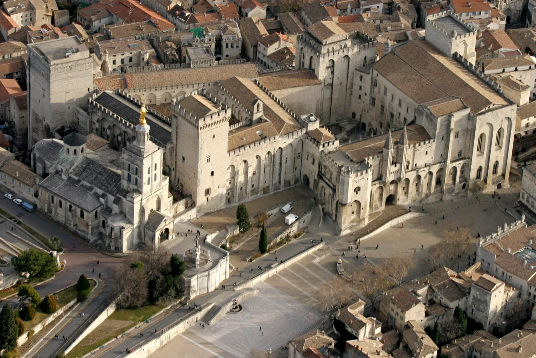Aerial view of the Palais des Papes and historic Avignon