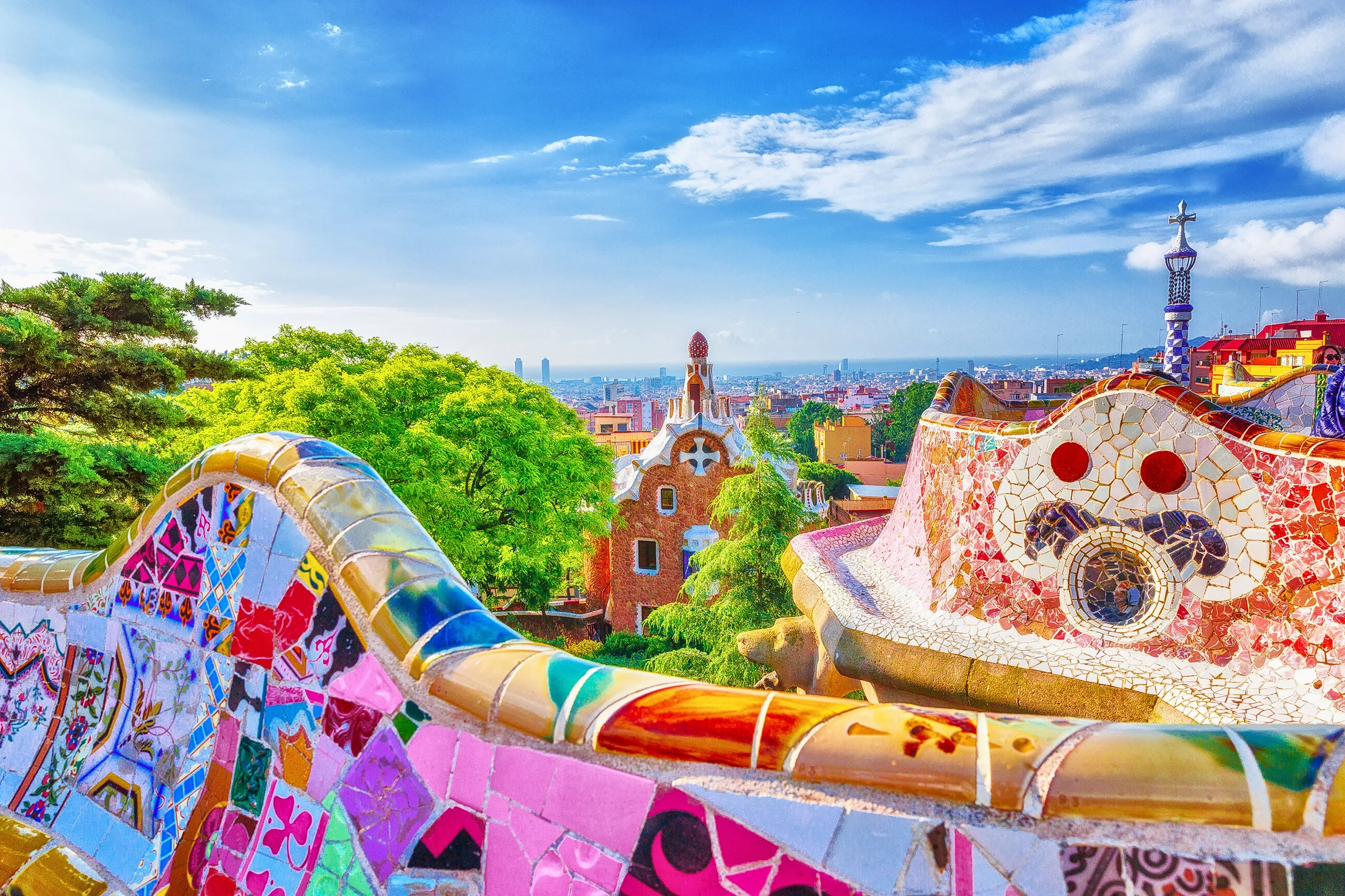 Park Güell mosaic bench overlooking Barcelona