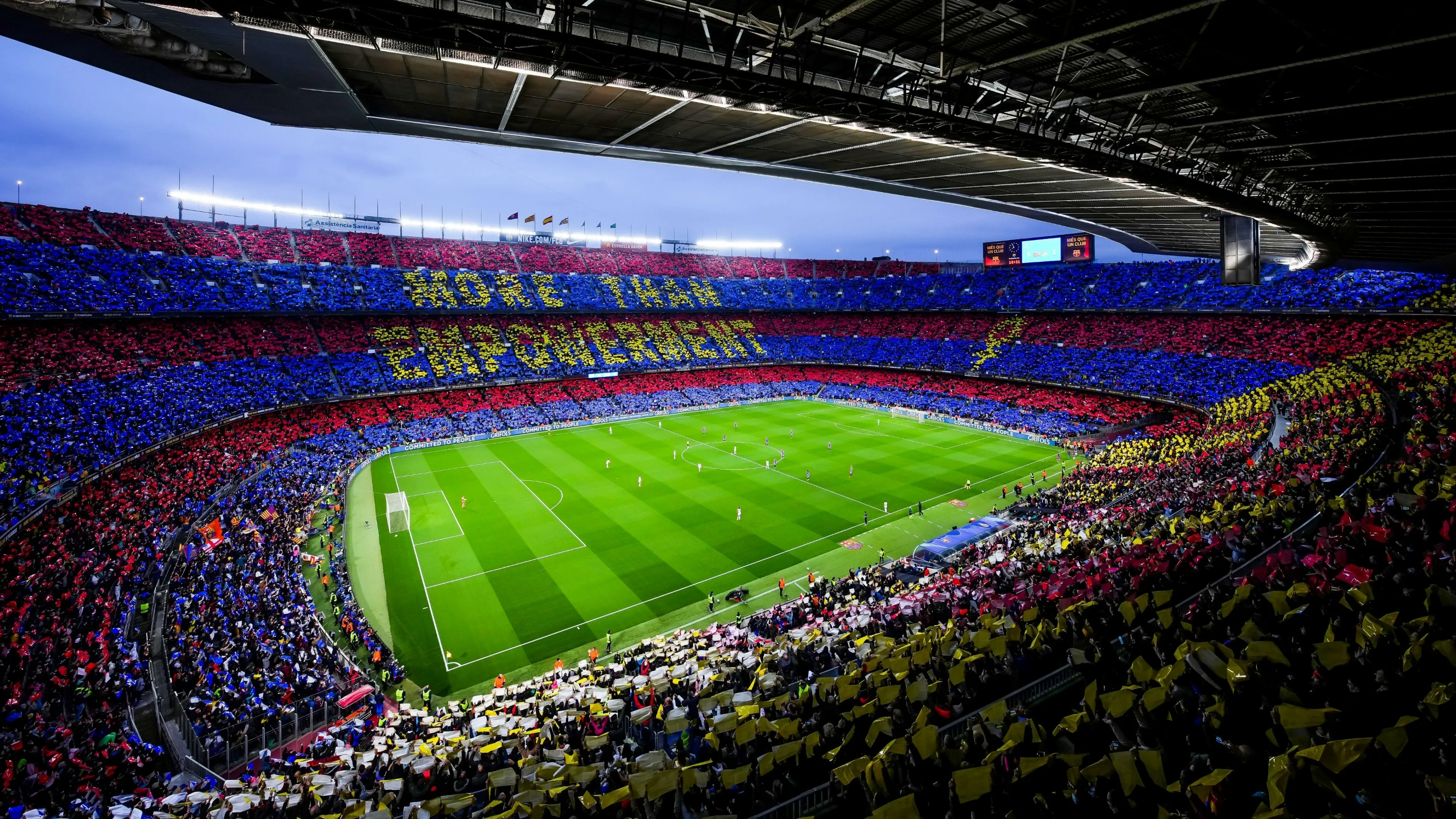 Camp Nou stands filled with seats around the field