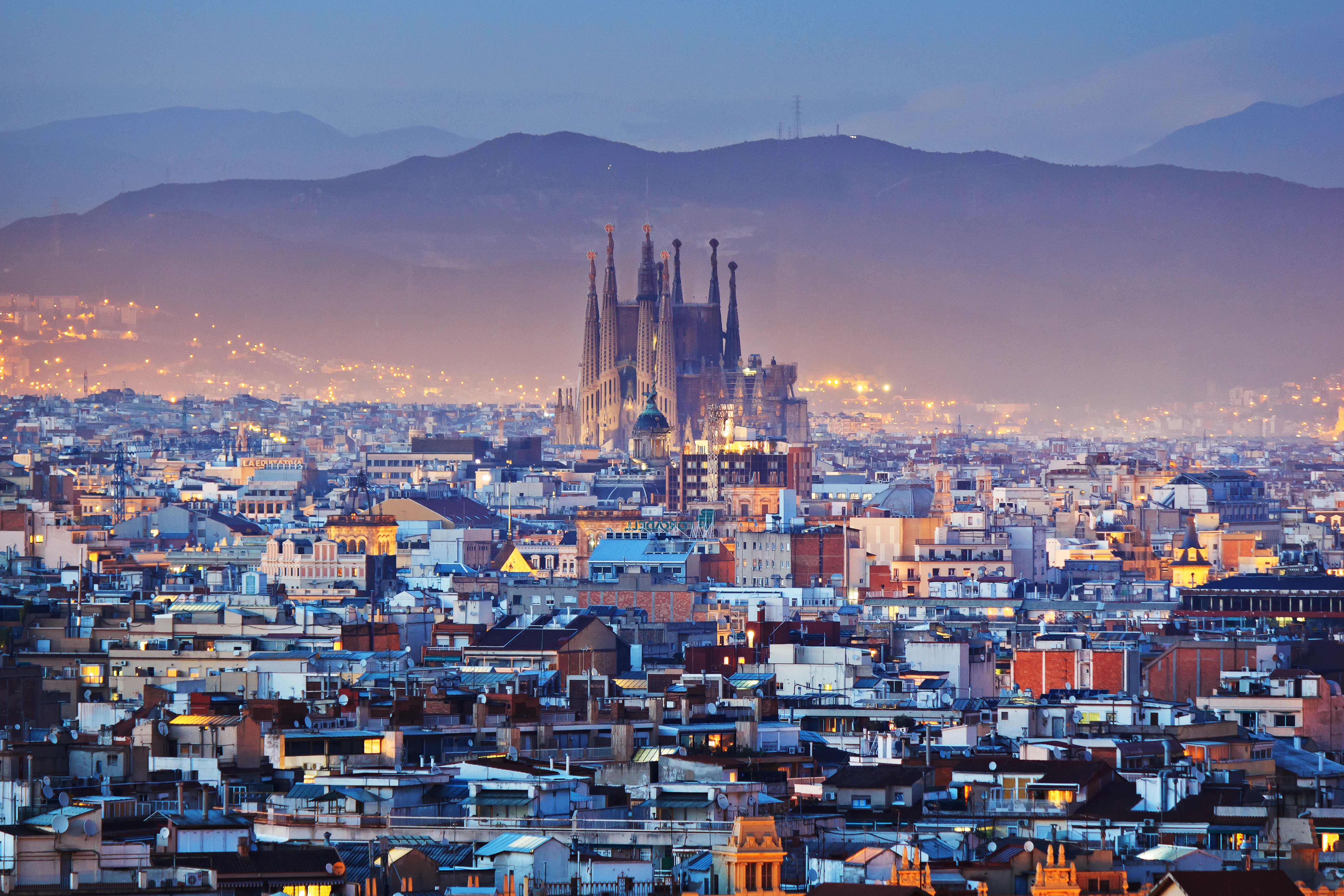 The Sagrada Família basilica rising above Barcelona at golden hour