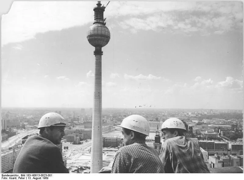 Soldiers near the Berlin TV Tower antenna in 1975