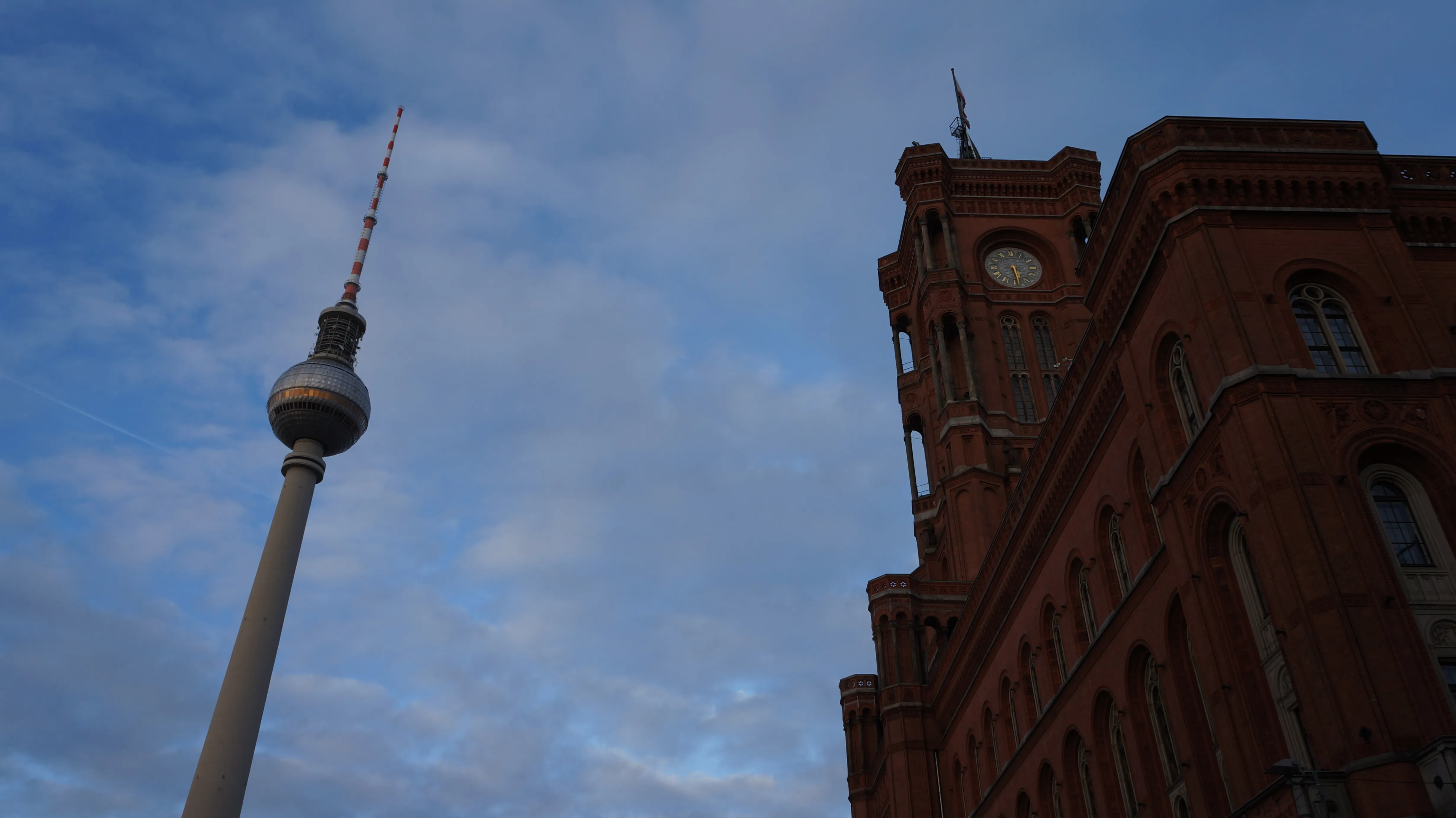 Red City Hall with the Berlin TV Tower in the background