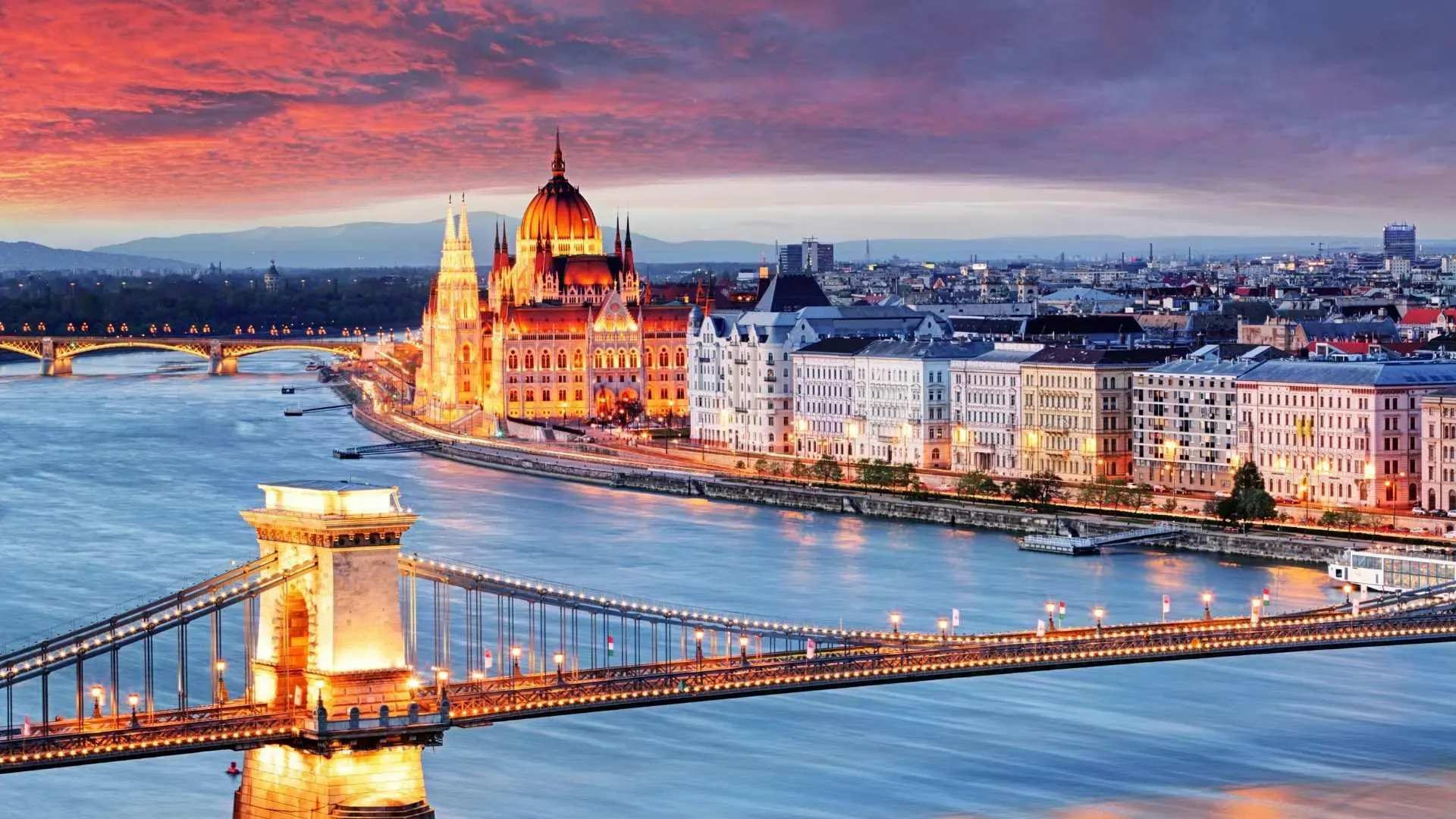 Budapest night lights at sunset