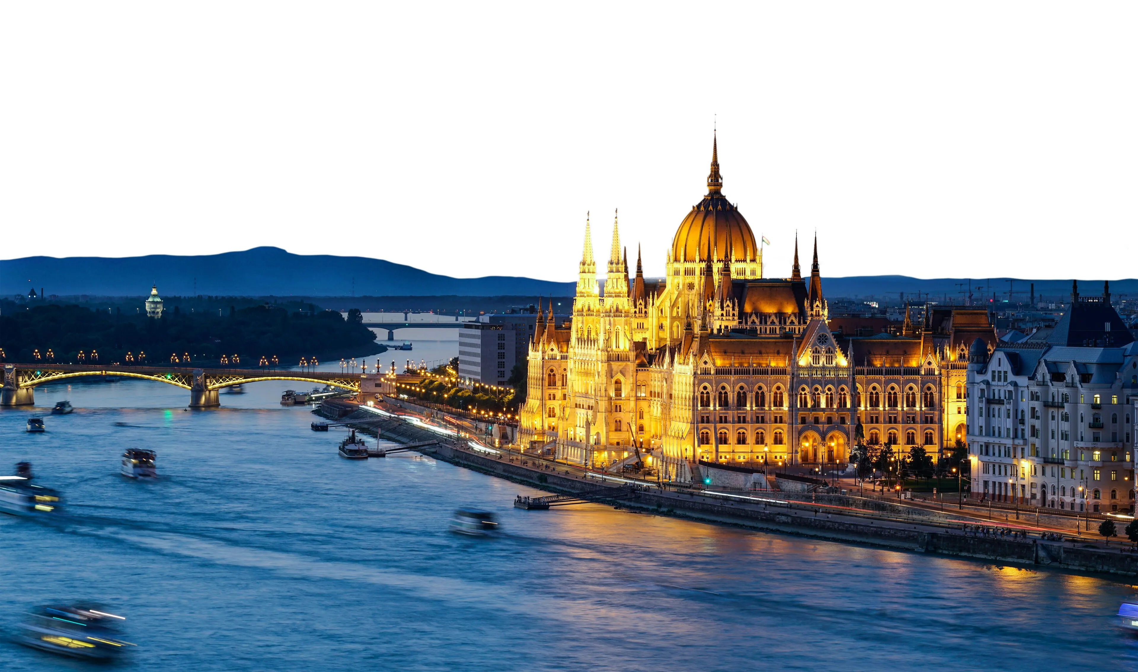 Budapest Parliament by Danube at dusk