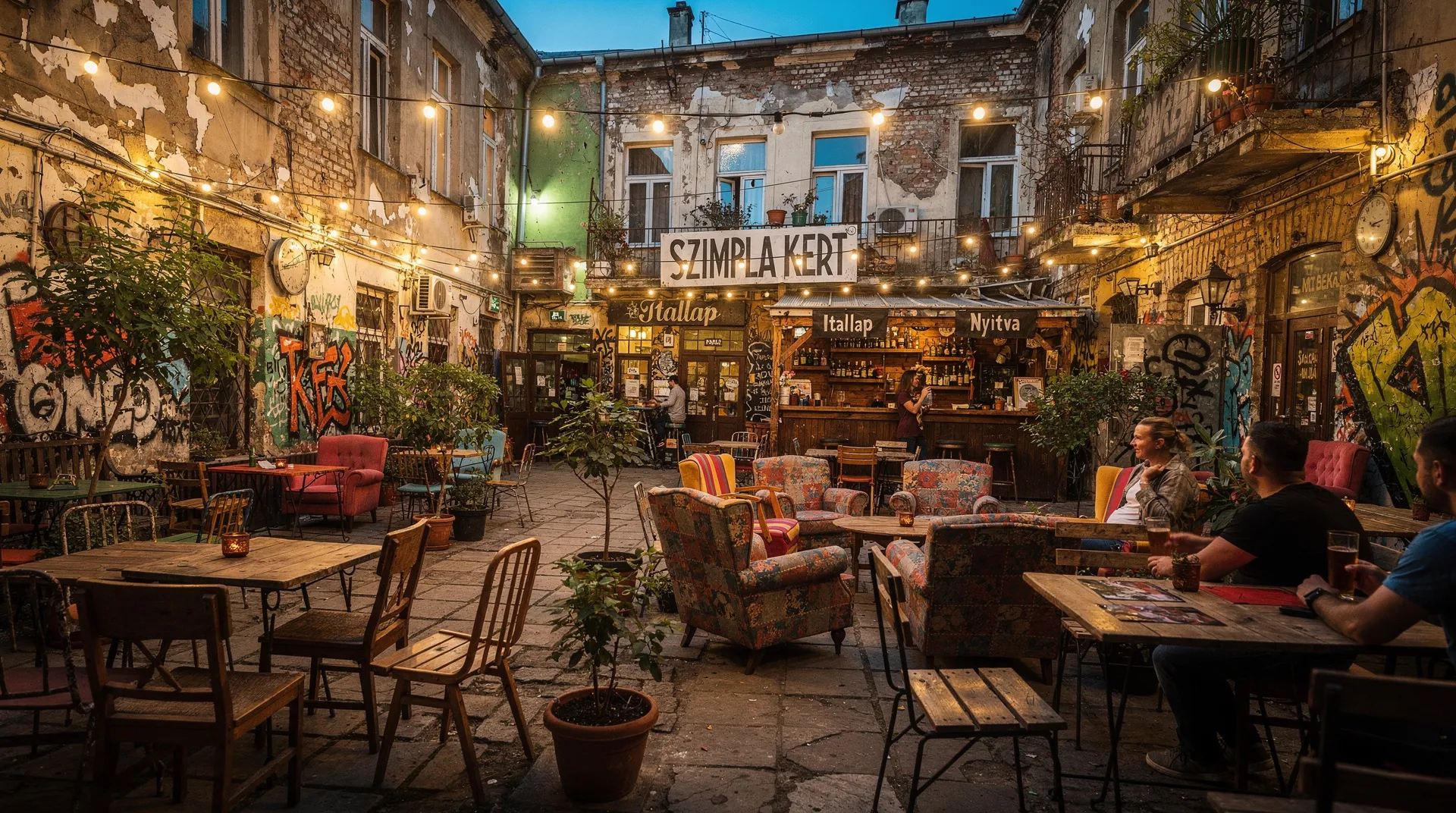 Interior of Szimpla Kert ruin bar in Budapest