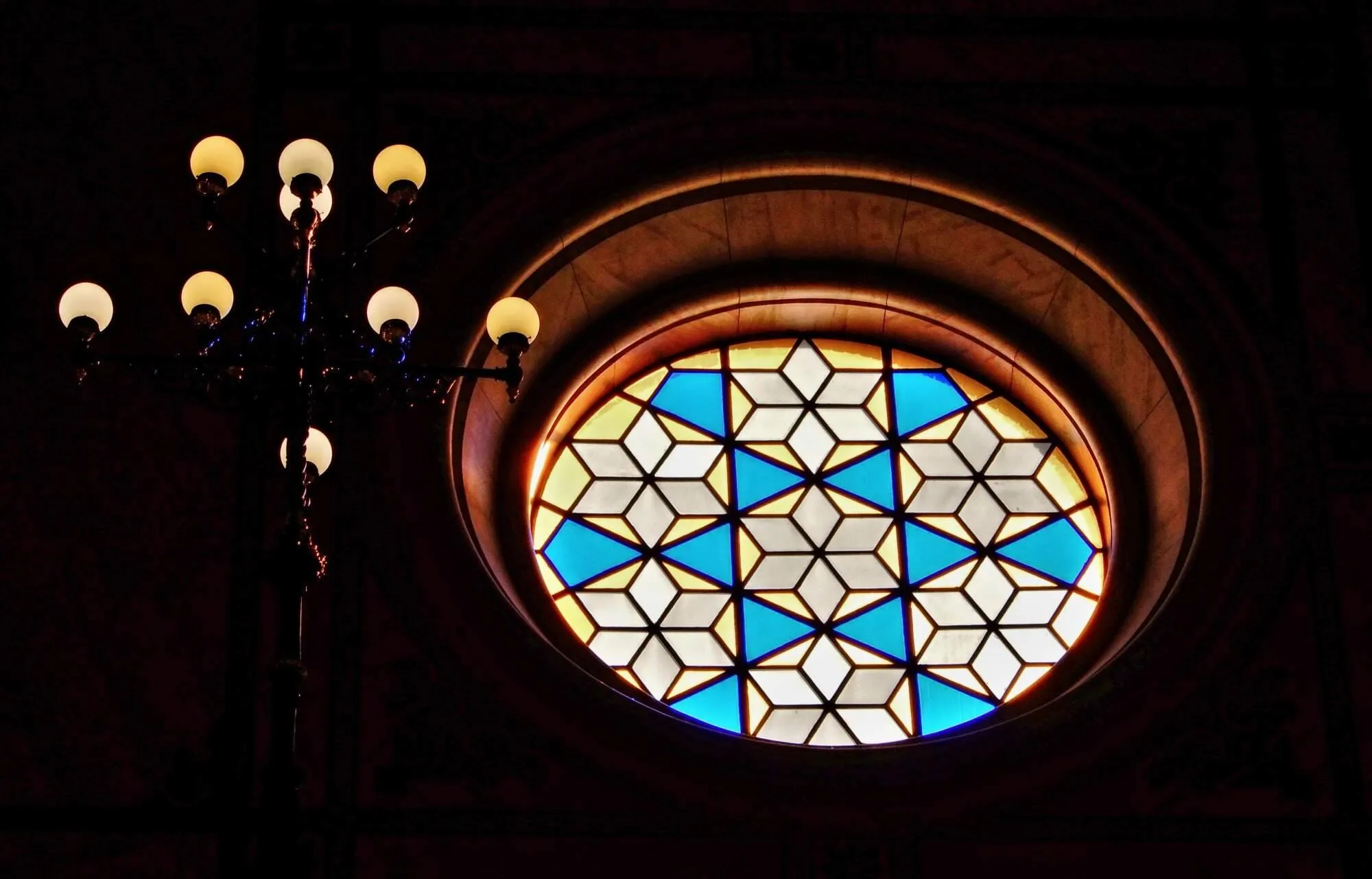 Colored stained-glass window in Budapest Synagogue