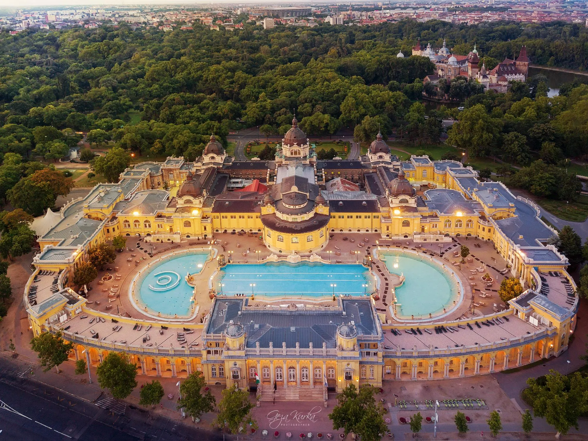 Aerial view of Széchenyi Baths complex in Budapest City Park
