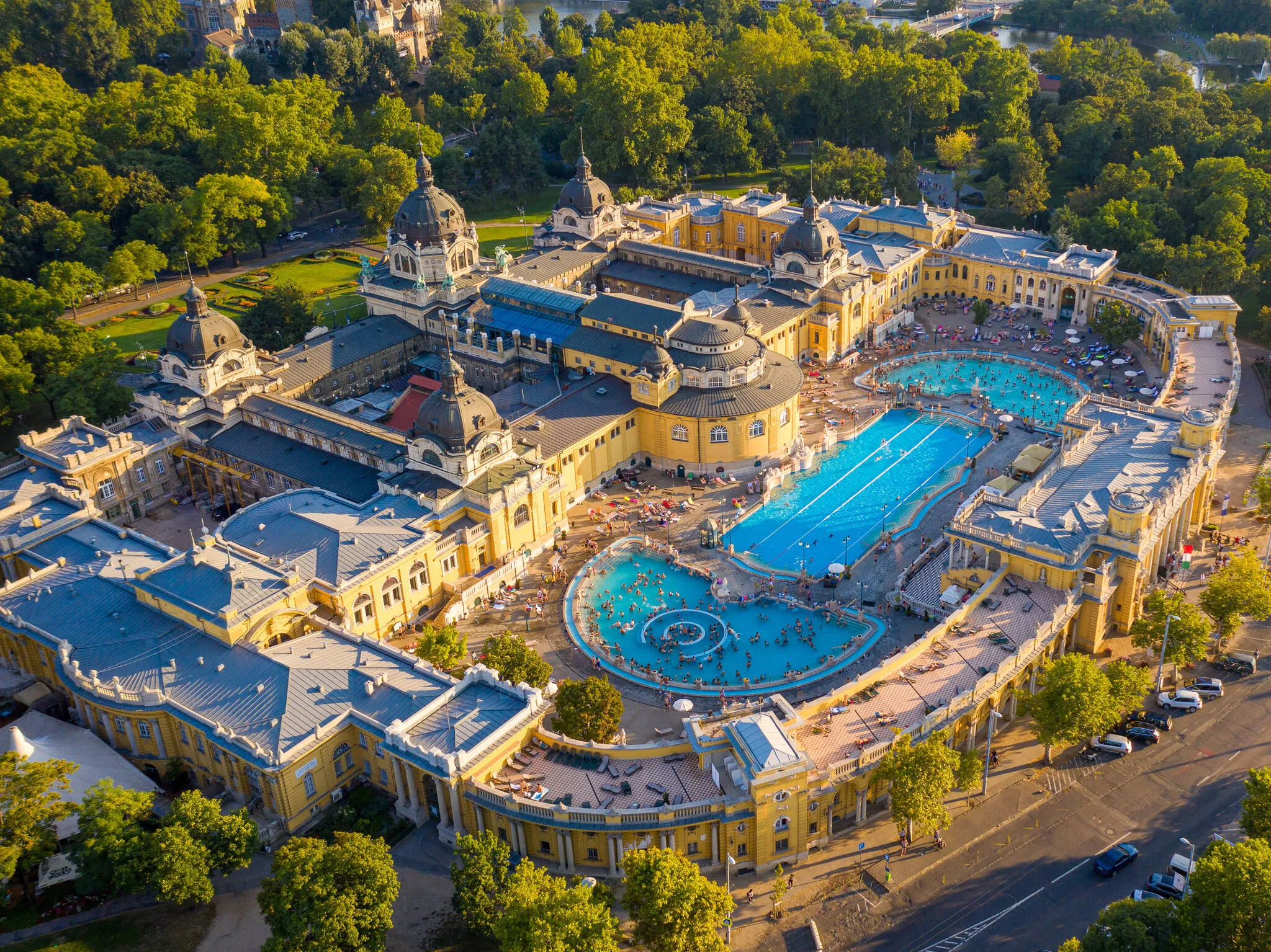 Aerial view of Széchenyi Baths and outdoor pools in City Park