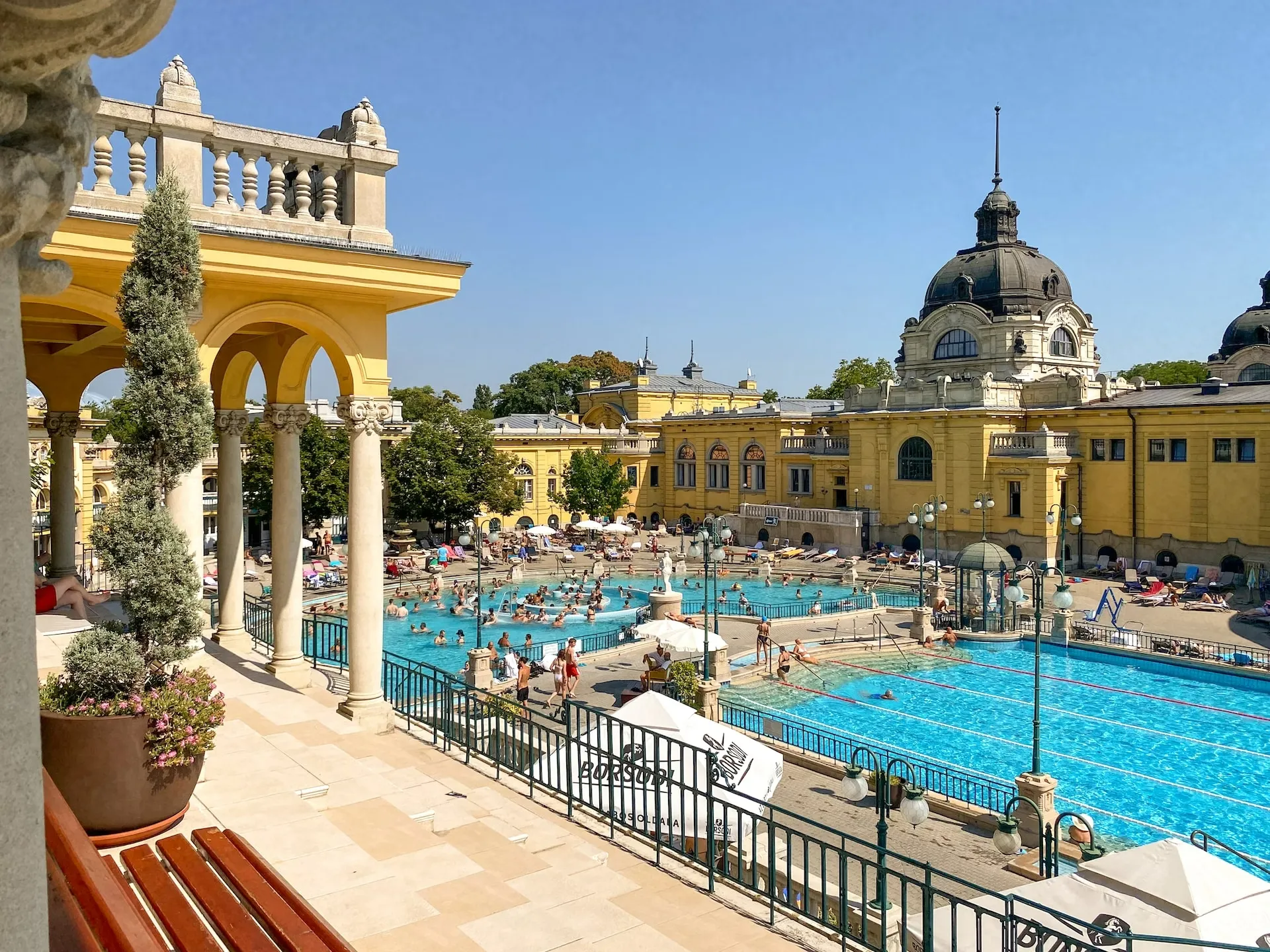 View from terrace overlooking Széchenyi Baths courtyard pools