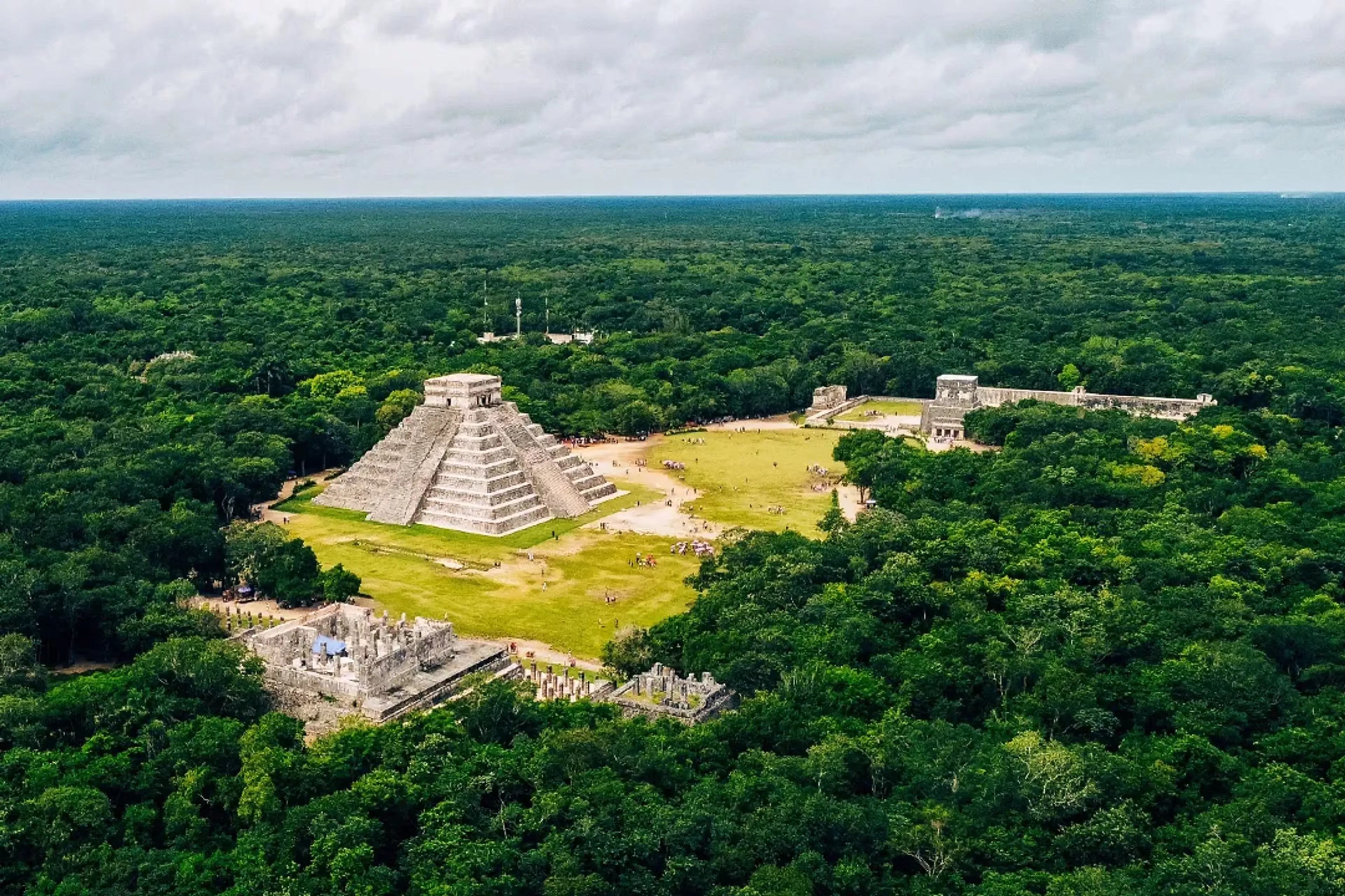 Aerial view of Chichen Itza surrounded by jungle