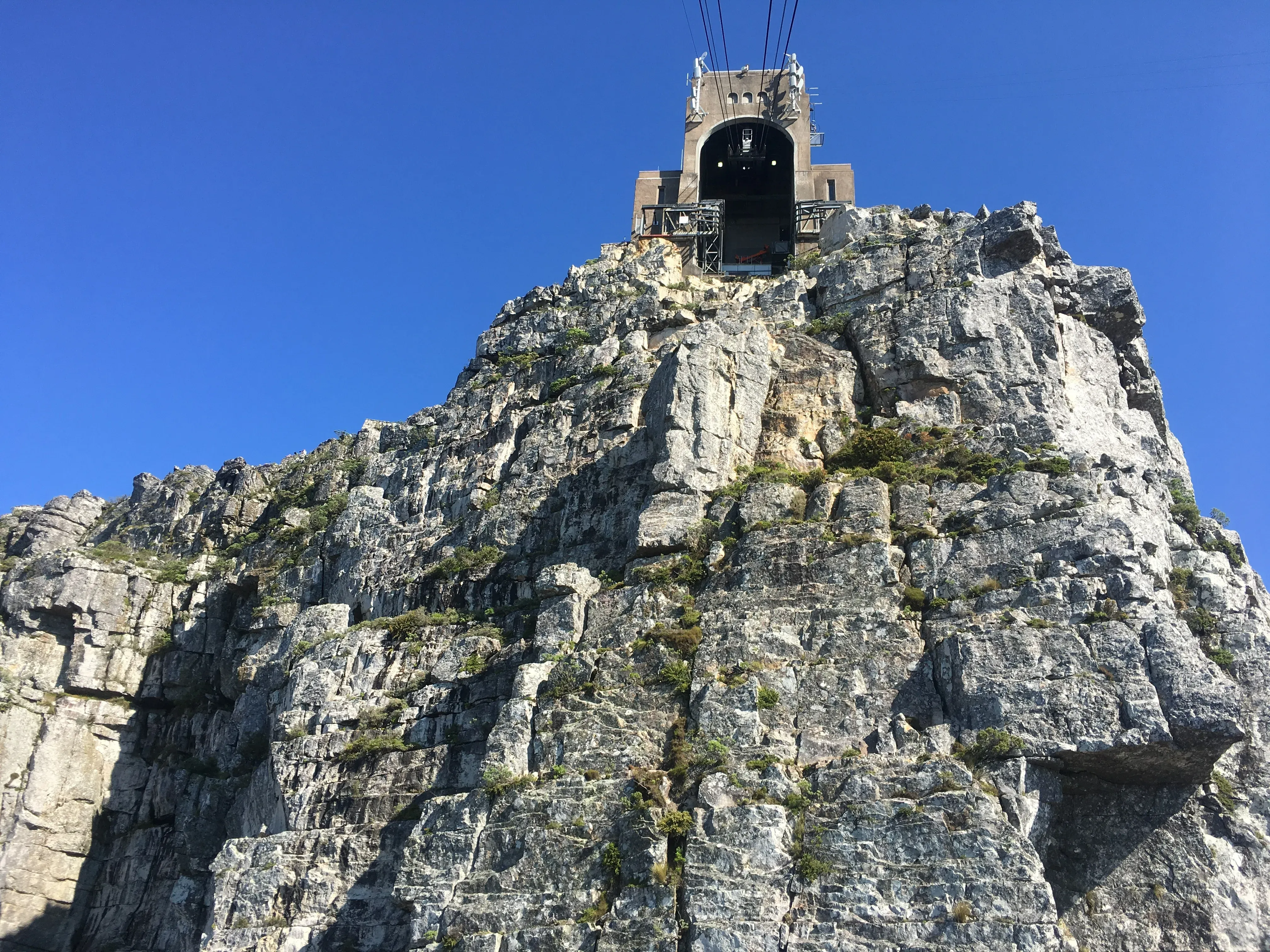 View from inside the cable car arriving at Table Mountain