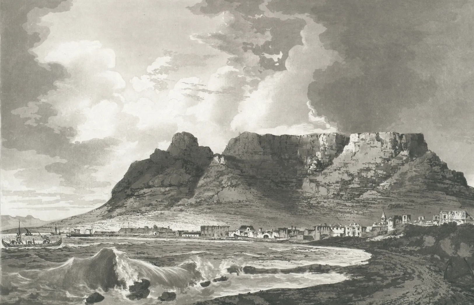 Historic miniature depiction of Table Mountain and Cape Town