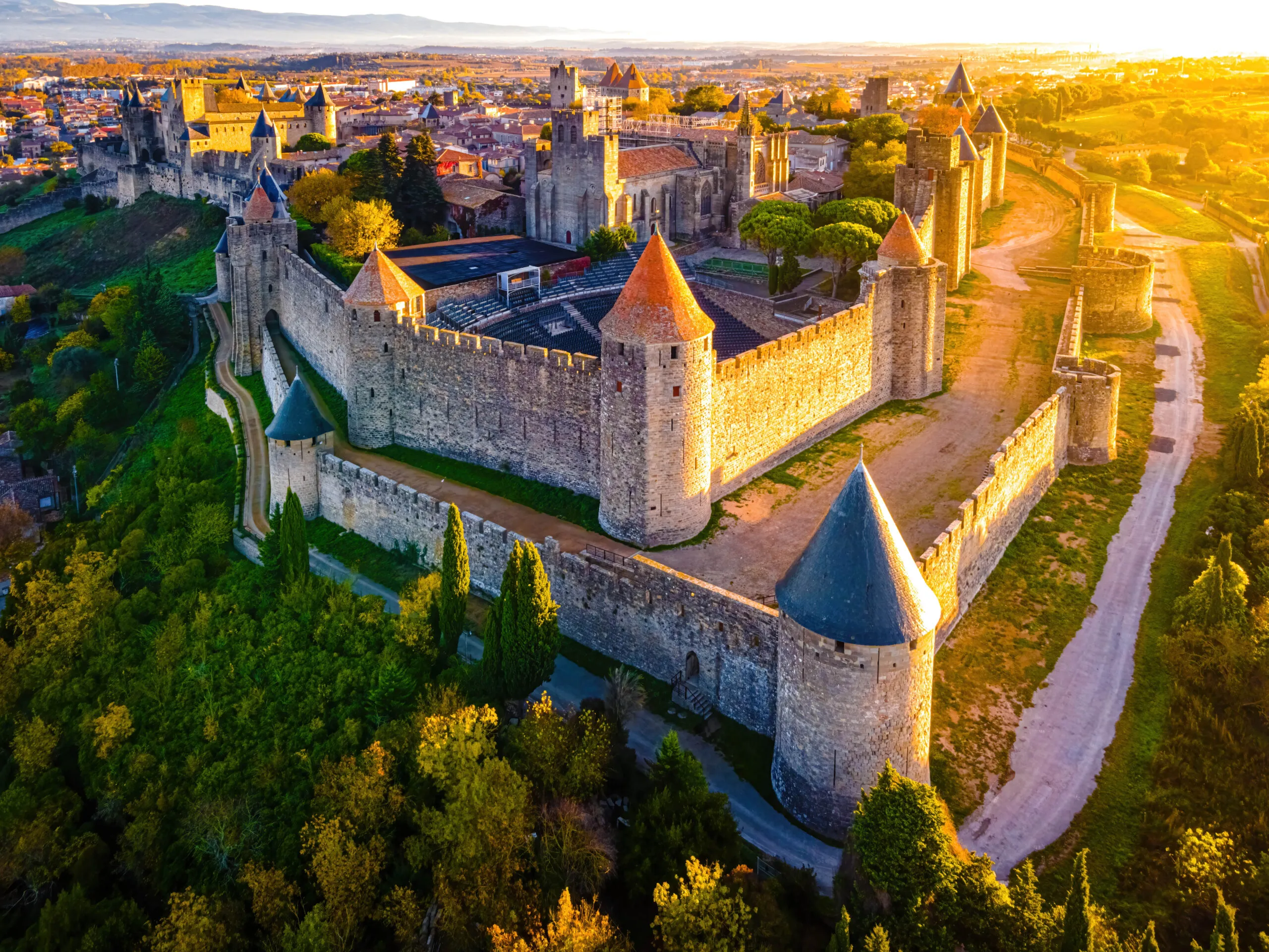 Dawn view of Carcassonne's fortified walls