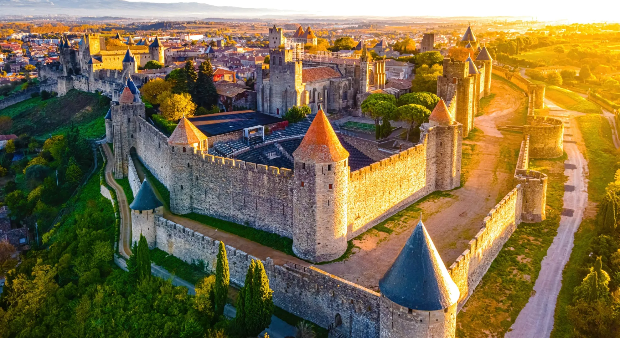 Carcassonne at sunset with illuminated walls