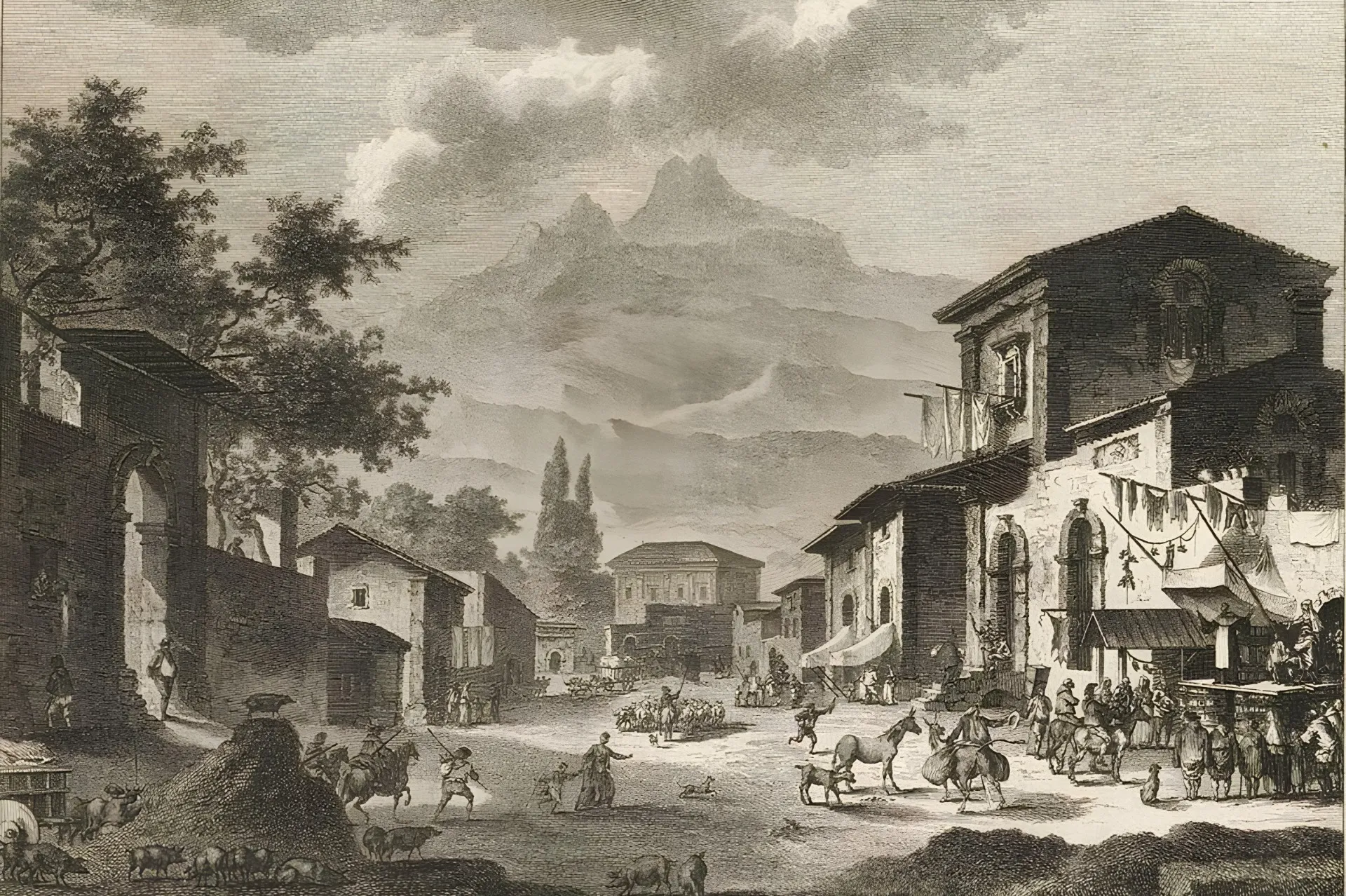 Historic painting of Mount Etna
