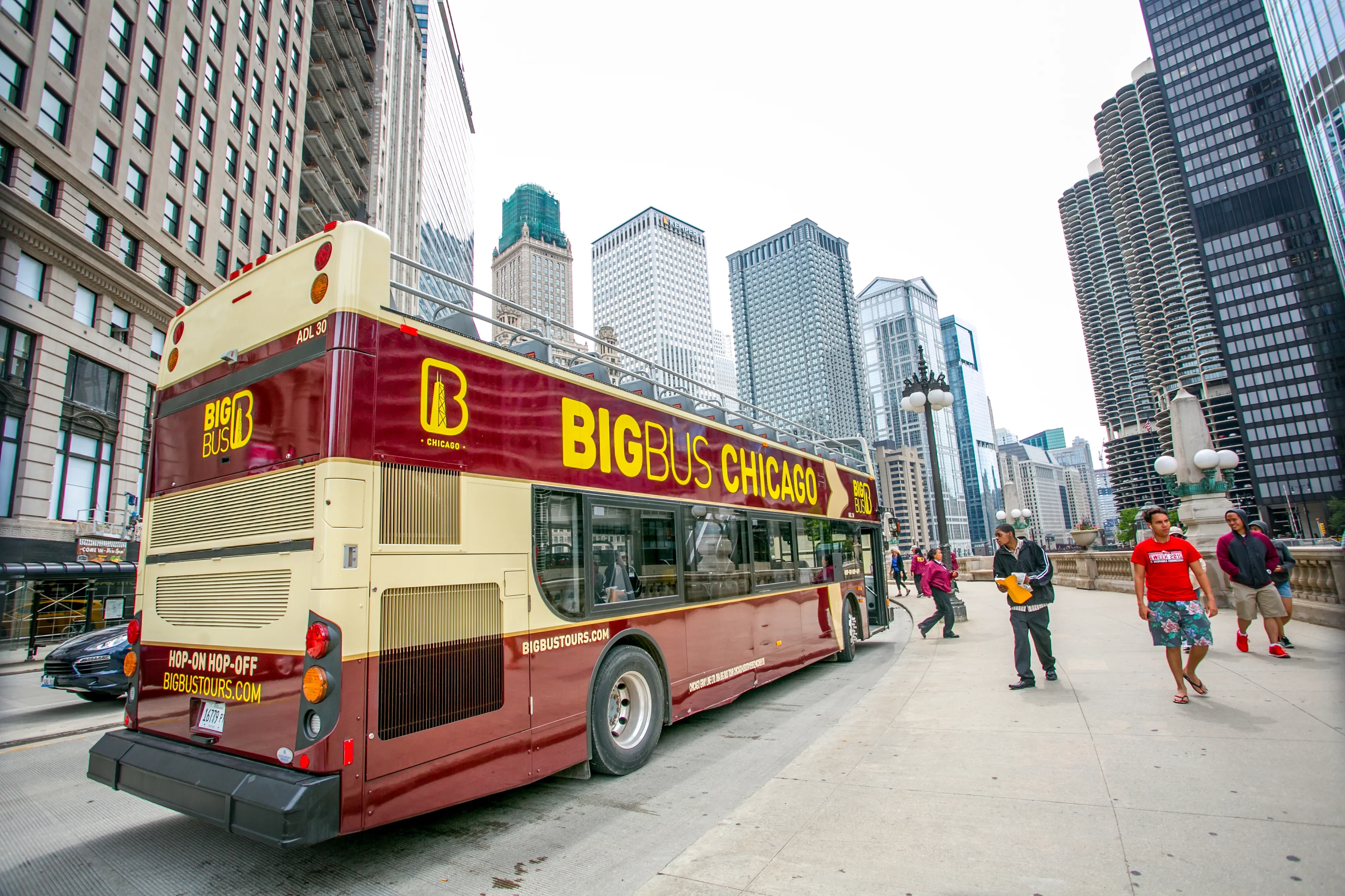 Double-decker tour bus on Chicago streets