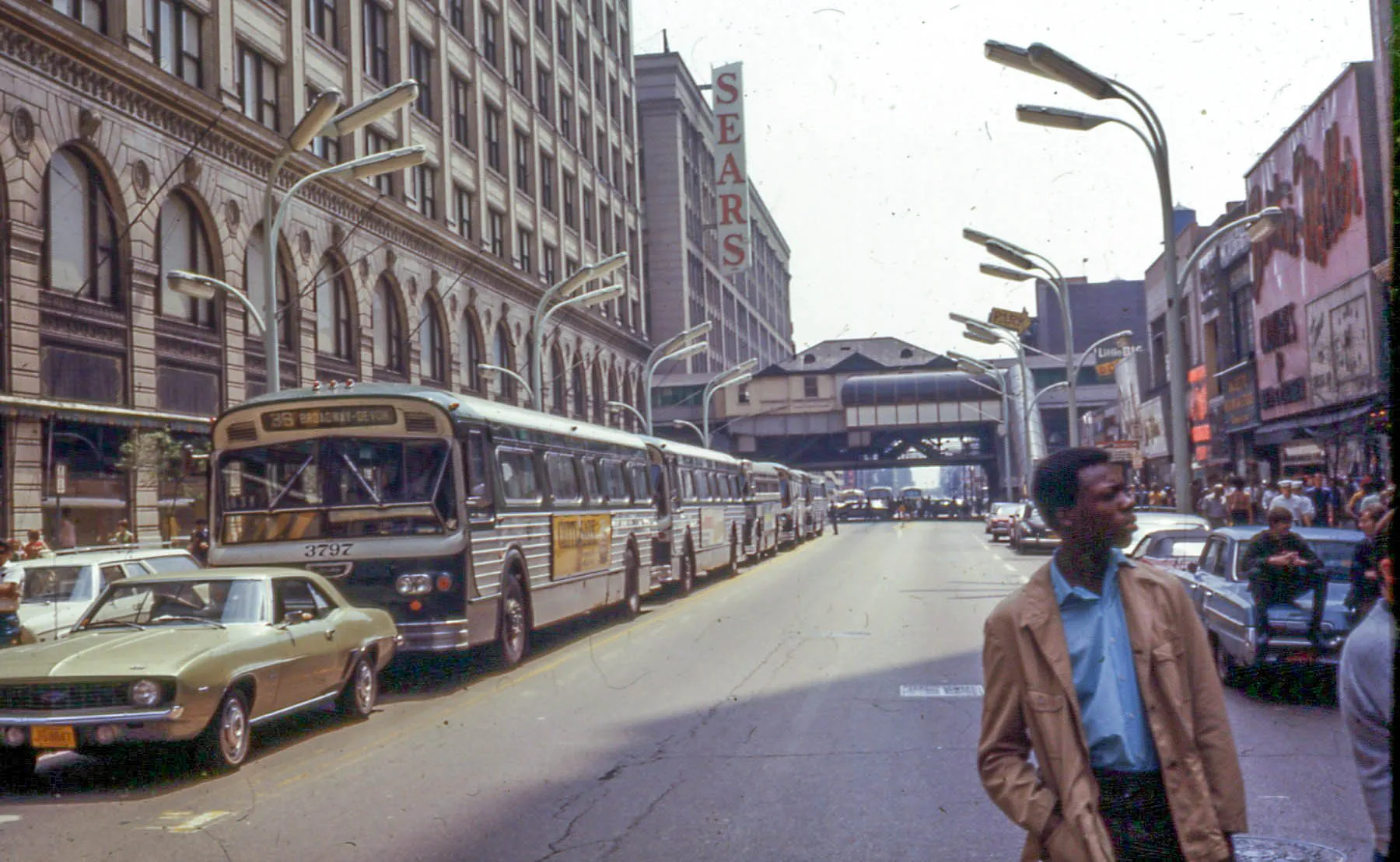 Vintage bus stop scene from the 1970s