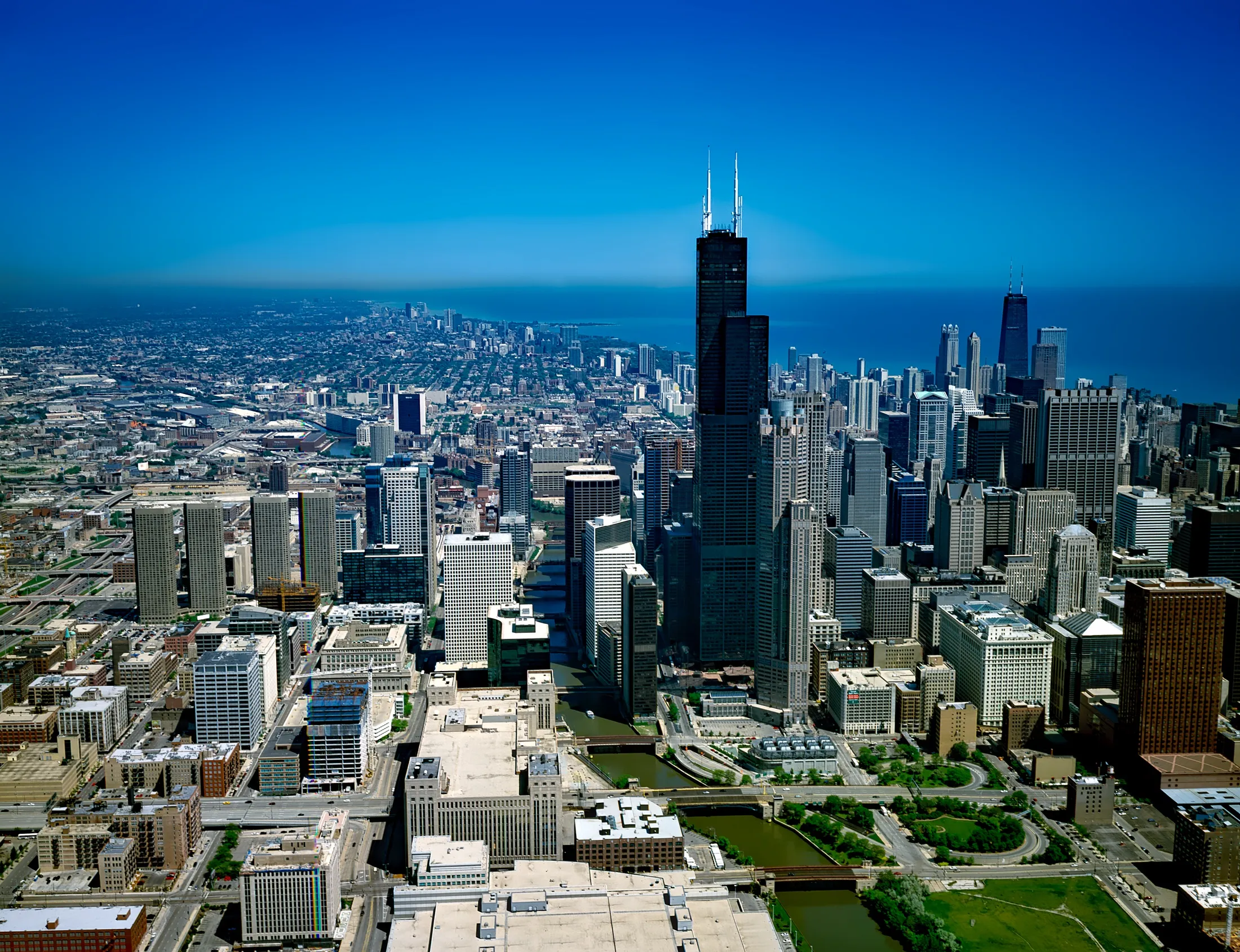 Blue-sky aerial of Chicago