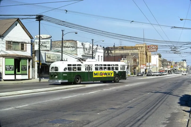 Historic Chicago bus on Grand Avenue (1972)