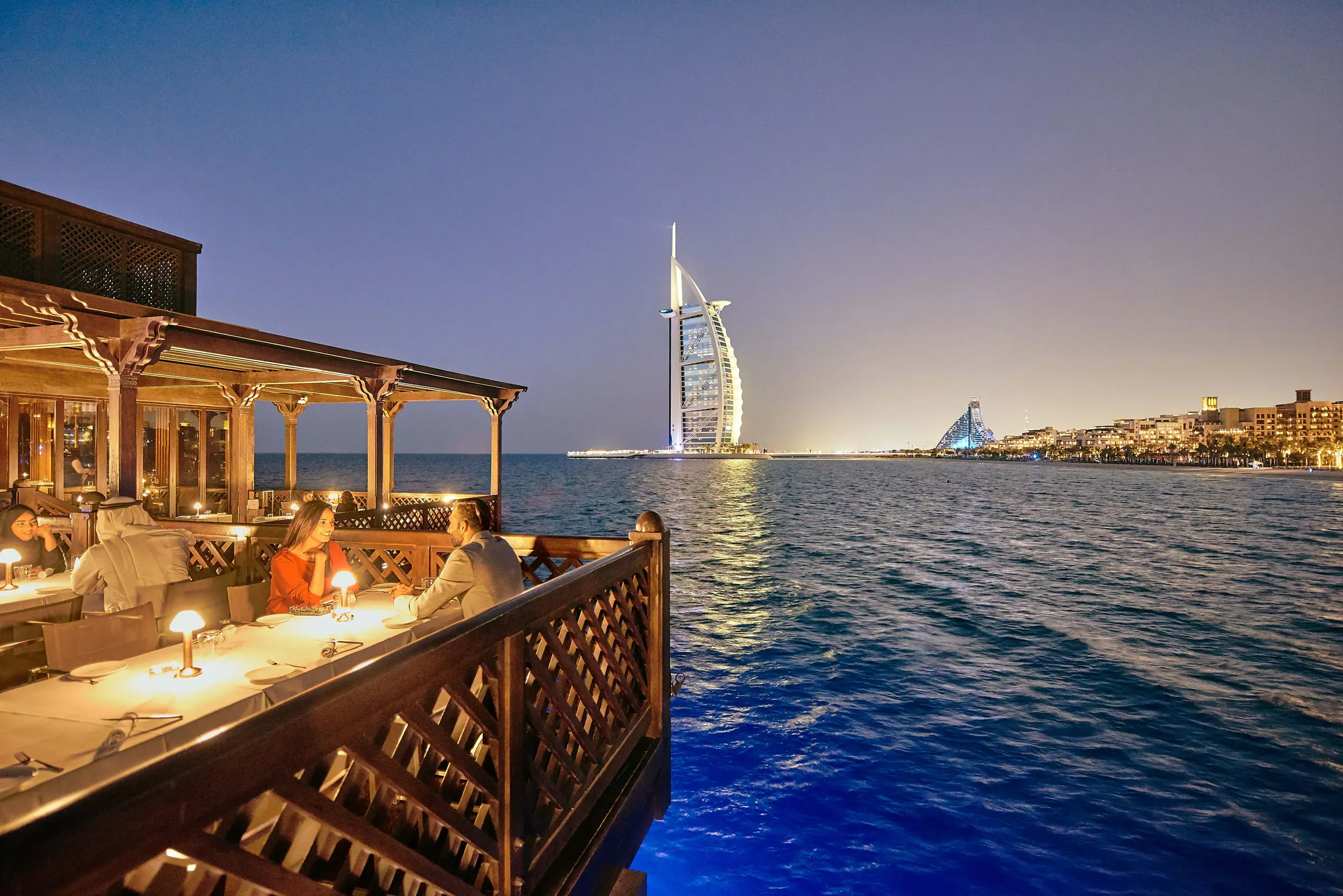 Restaurant seating with panoramic sea view inside Burj Al Arab
