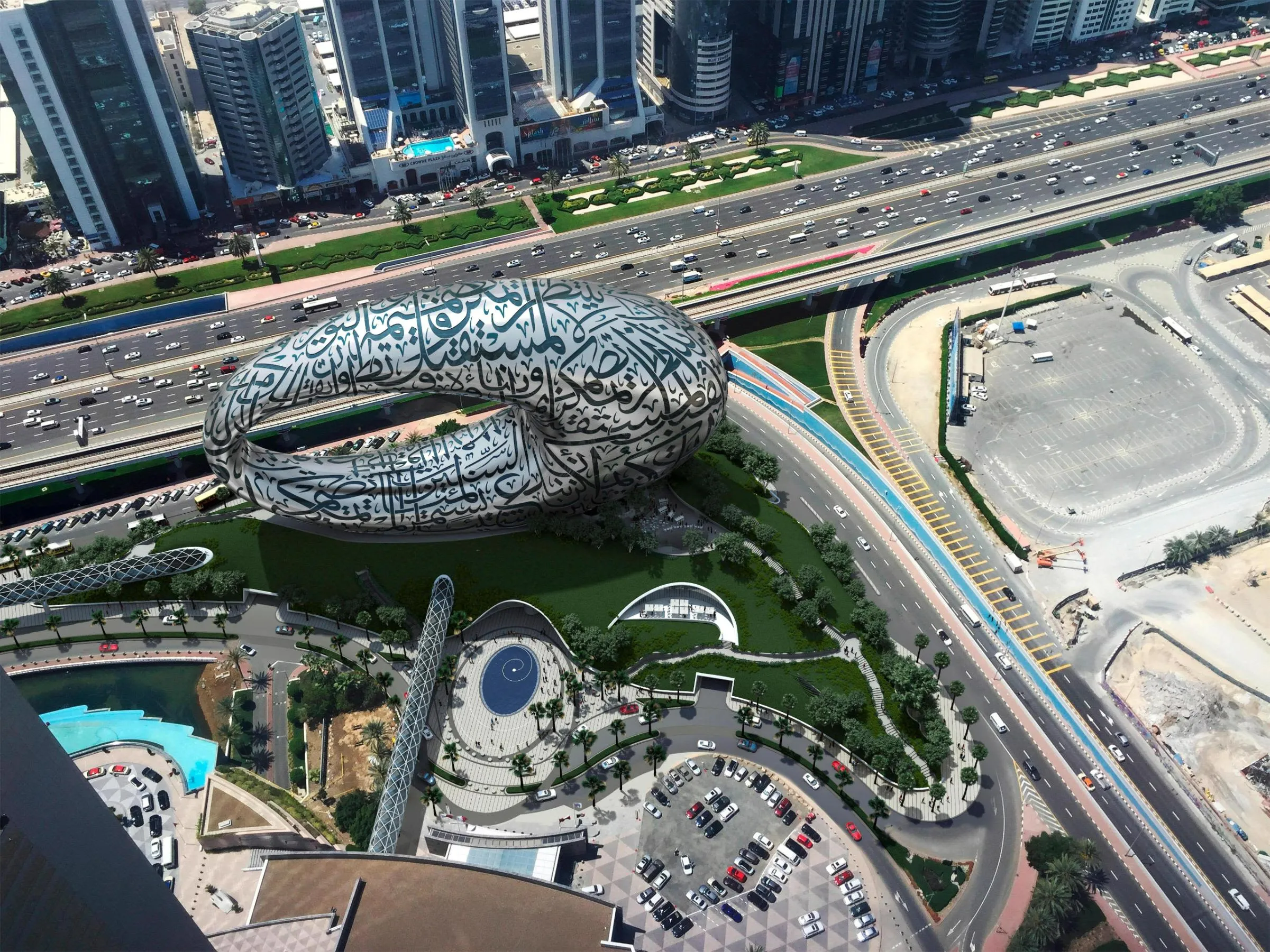 Vertical aerial shot of the Museum of the Future in Dubai