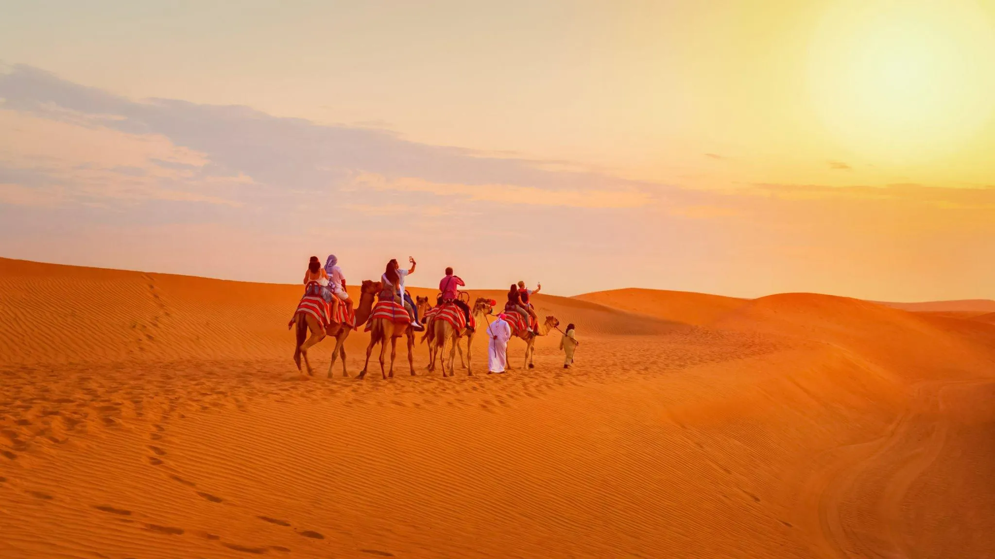 Sunrise camel ride on Dubai desert dunes