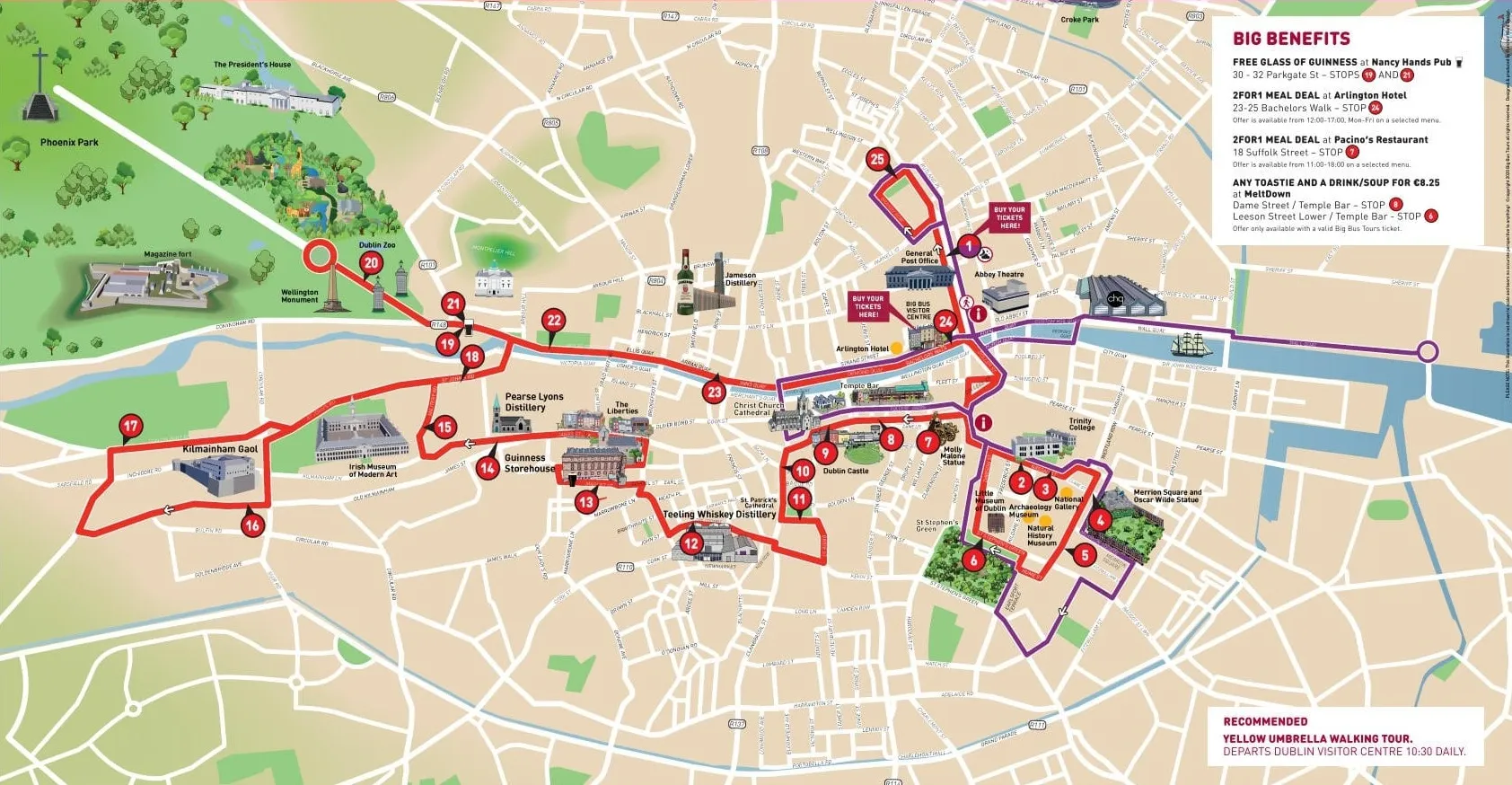 Big Bus Dublin route map with recommended on/off walking loops