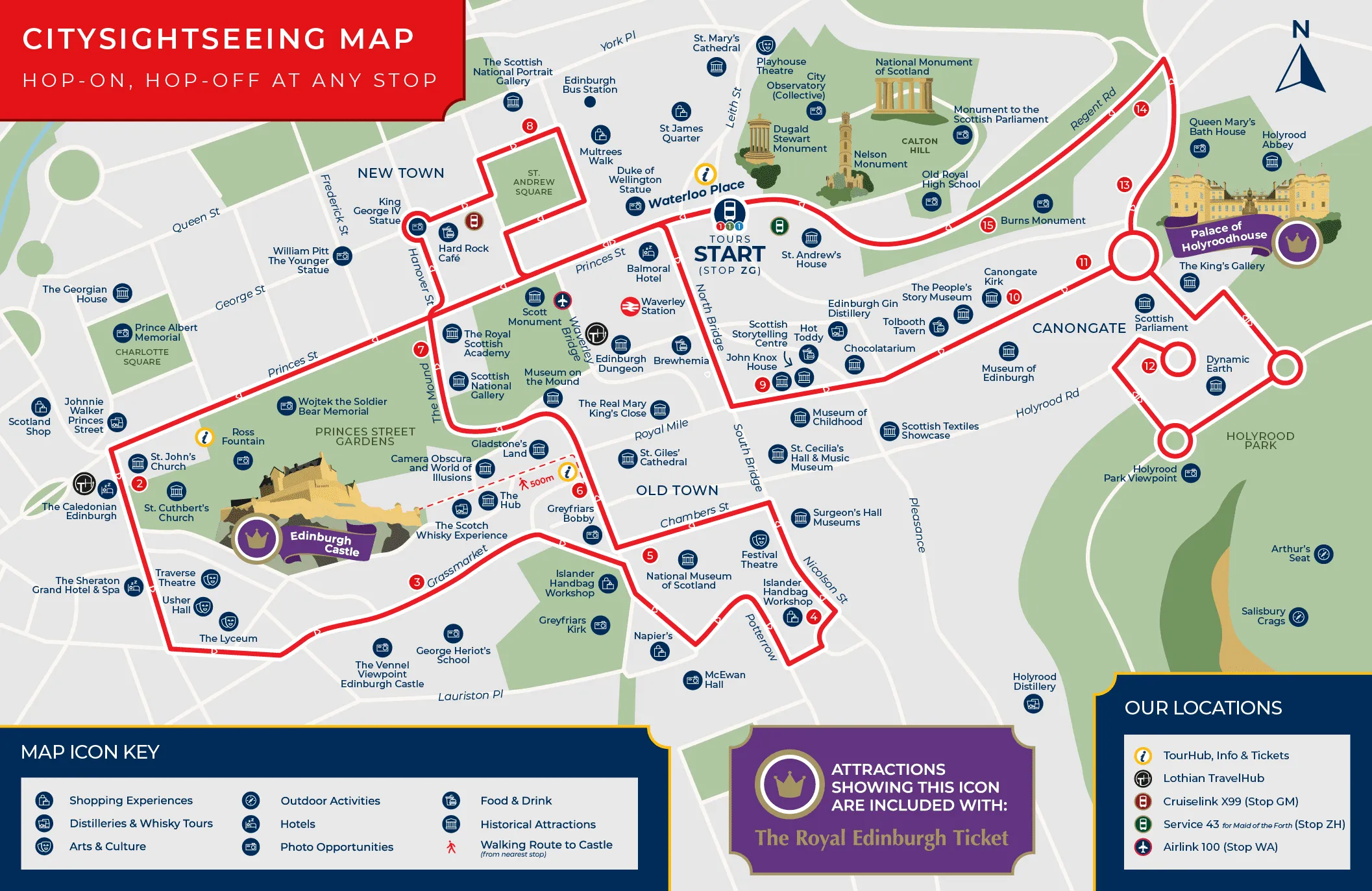 City sightseeing map overlay with HoHo routes and key stops