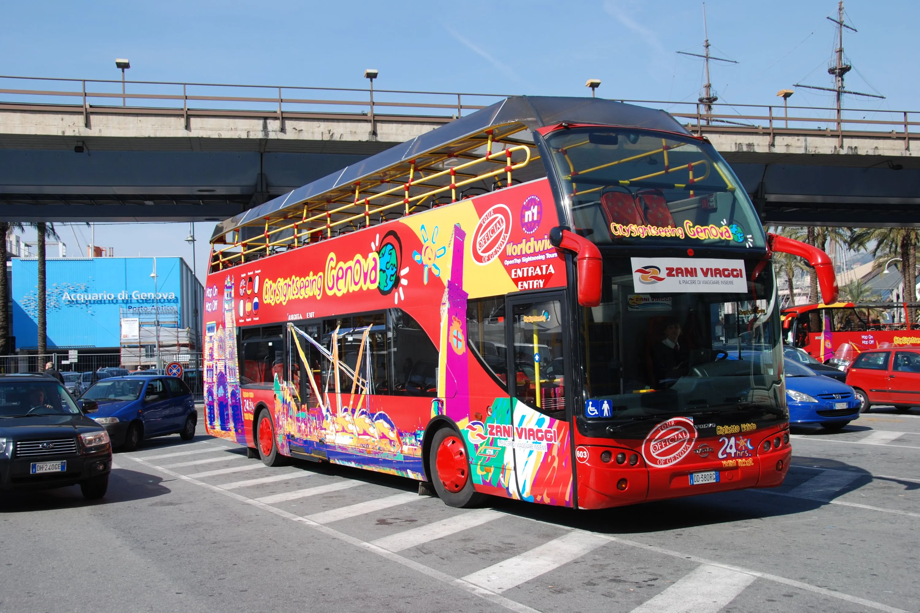 City Sightseeing bus parked near the Aquarium, showing the destination sign