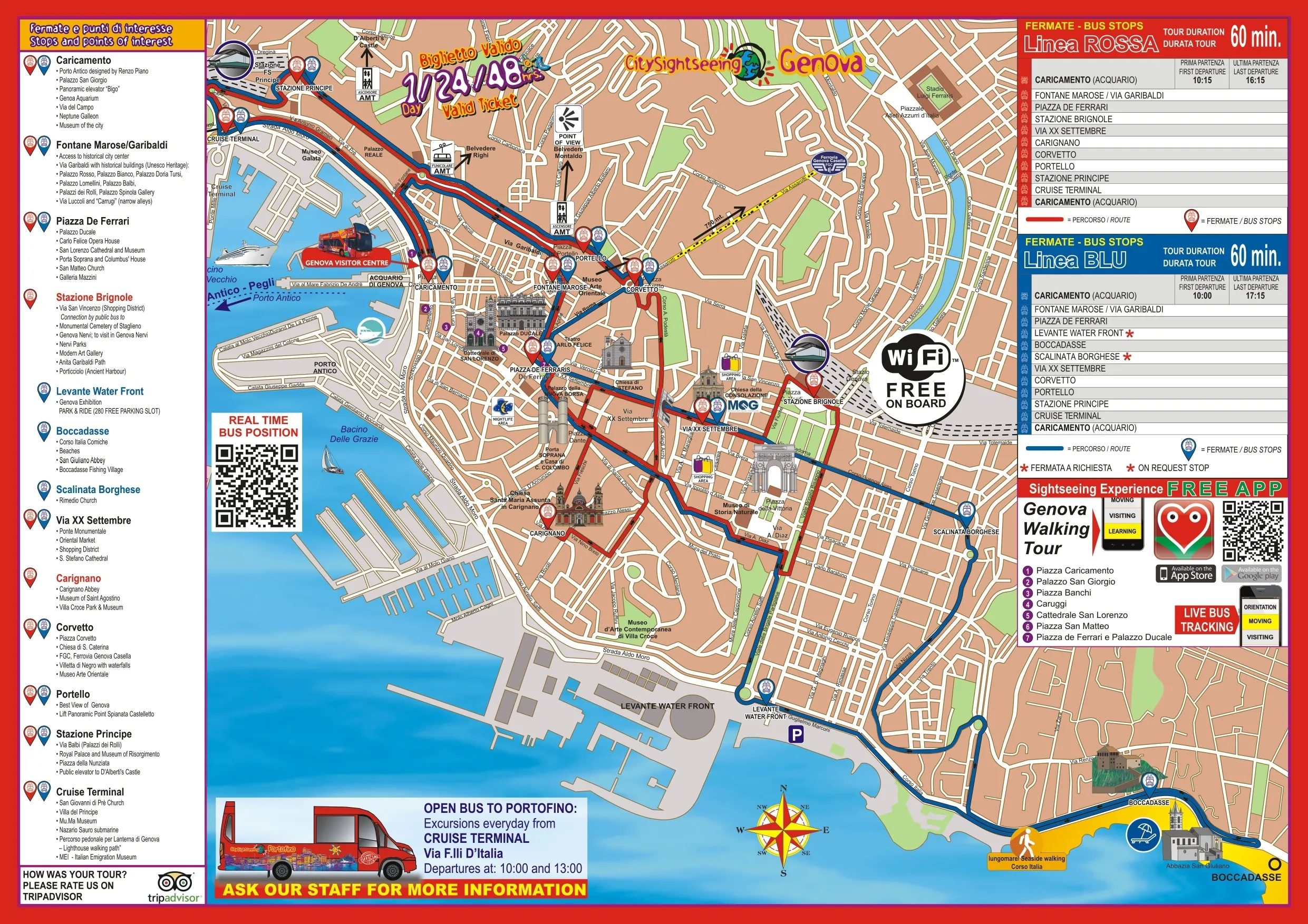 Map of the Genoa City Sightseeing bus route highlighting major stops like Piazza De Ferrari and the Aquarium