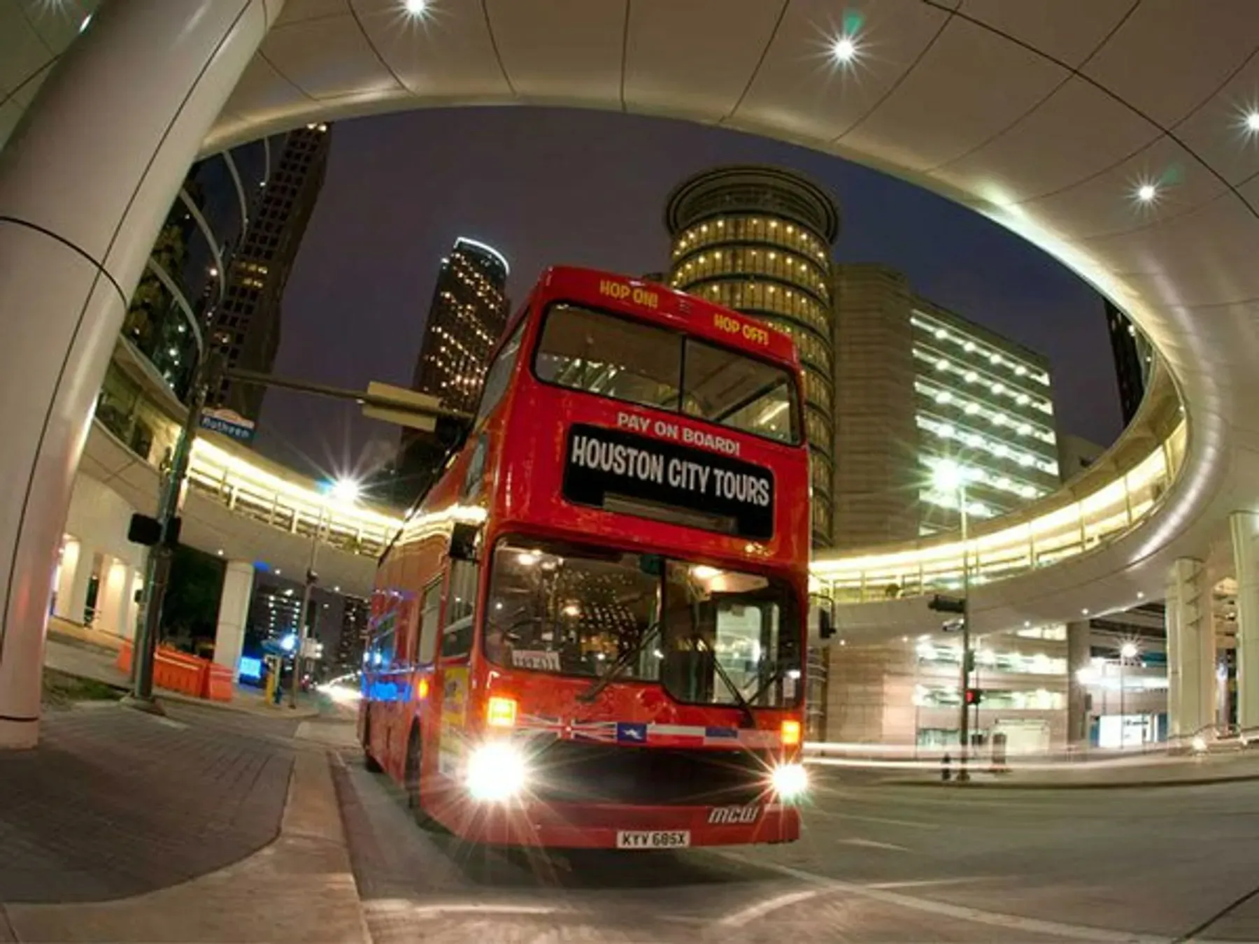 Front view of Houston city tour bus