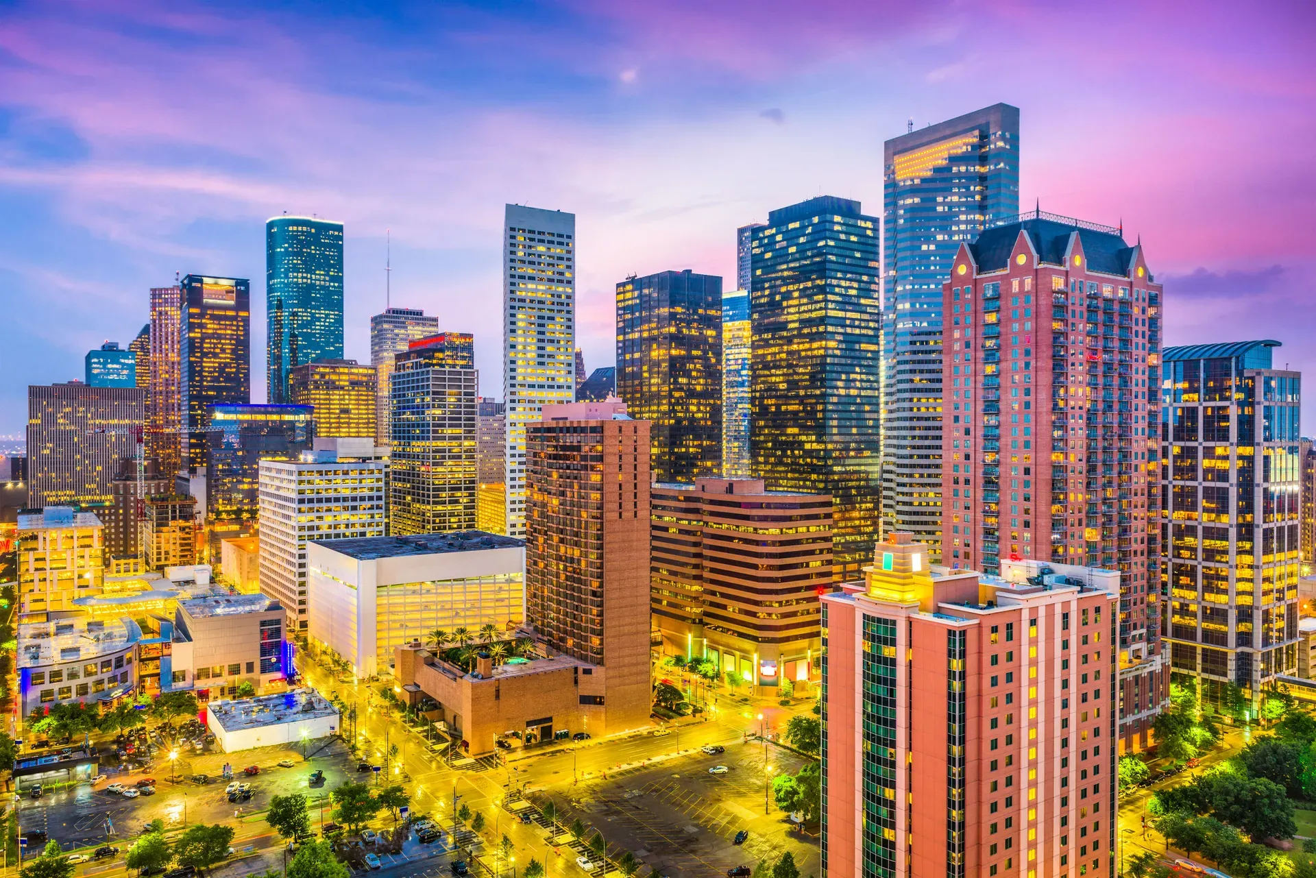 Houston downtown lights at dusk