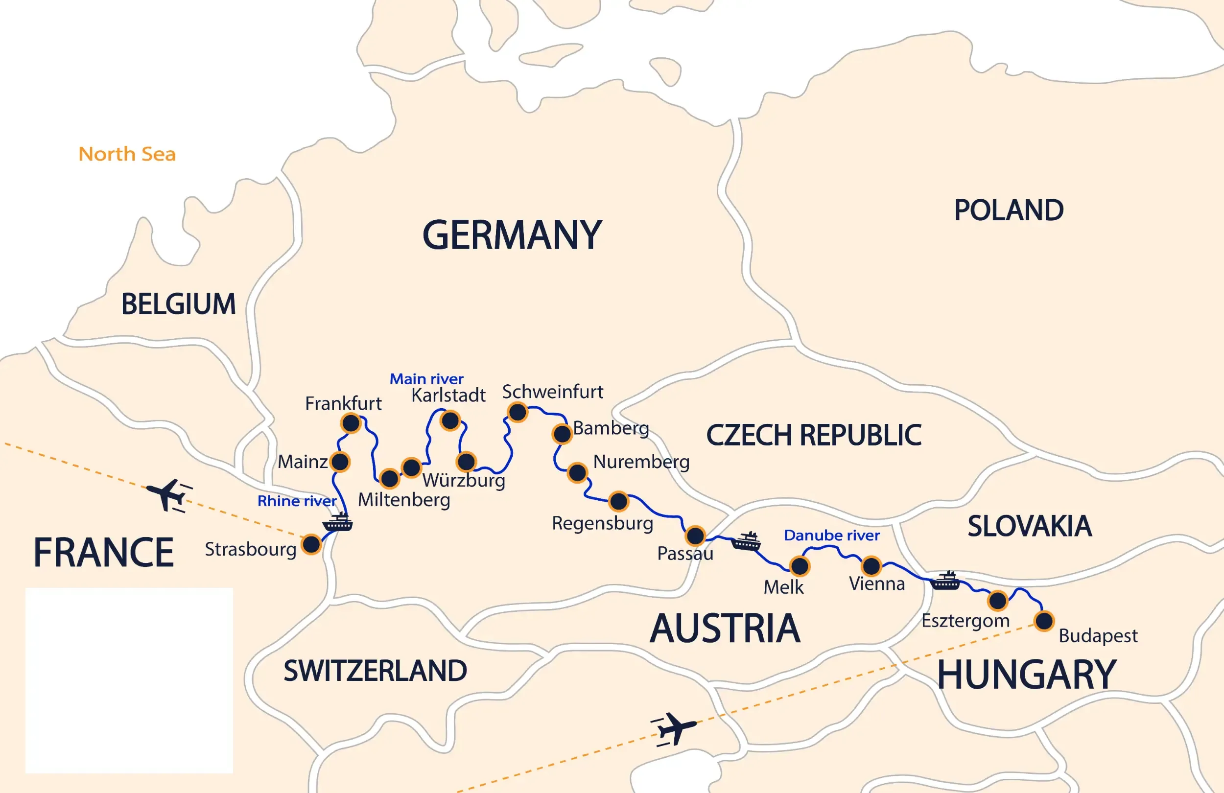 Map of Danube cruise routes and key landmarks