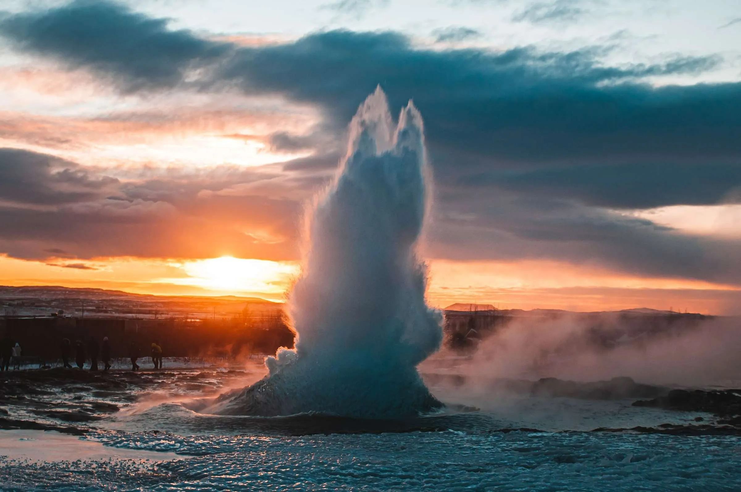 Exploding geyser at sunset, Golden Circle