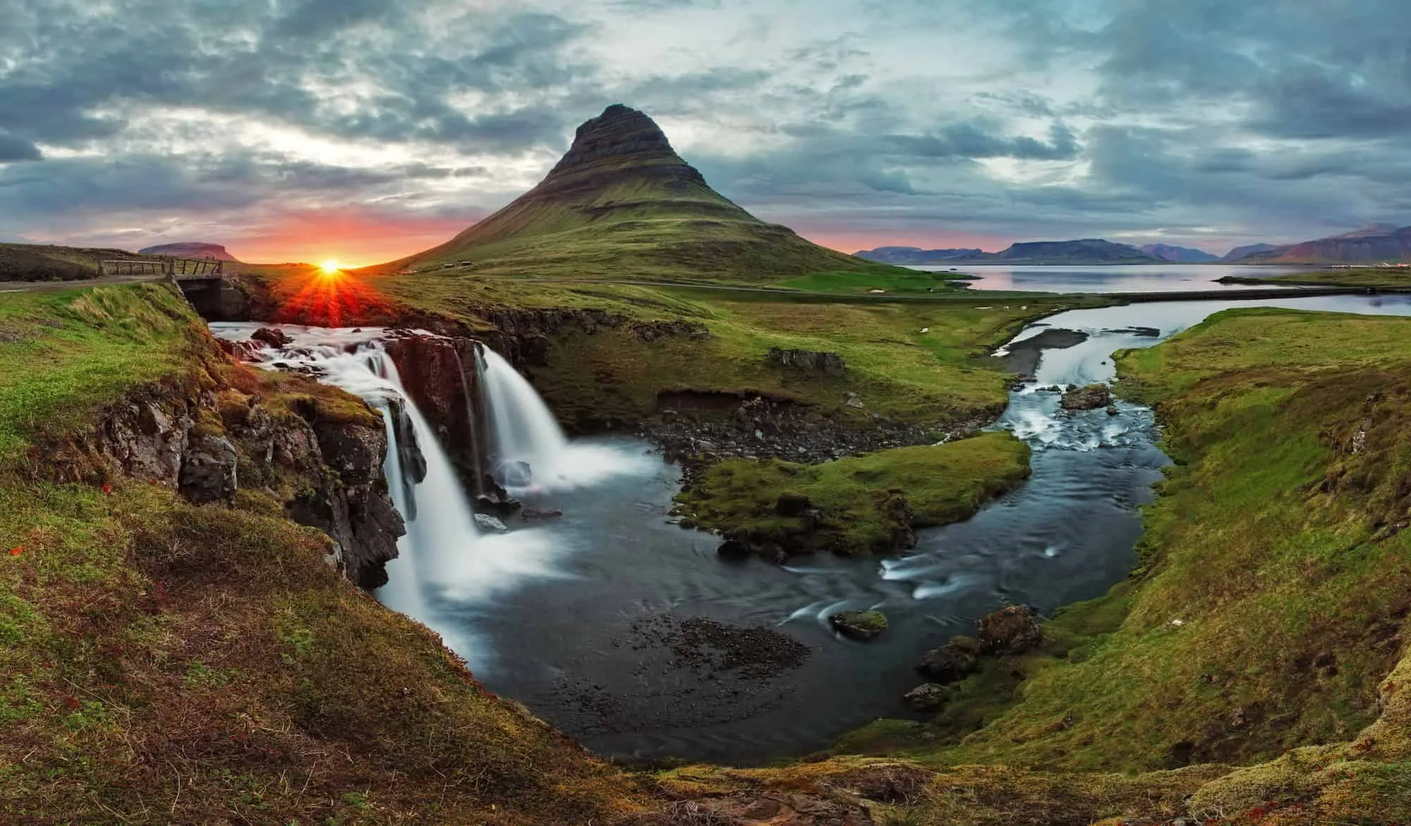 Iceland waterfalls at sunset