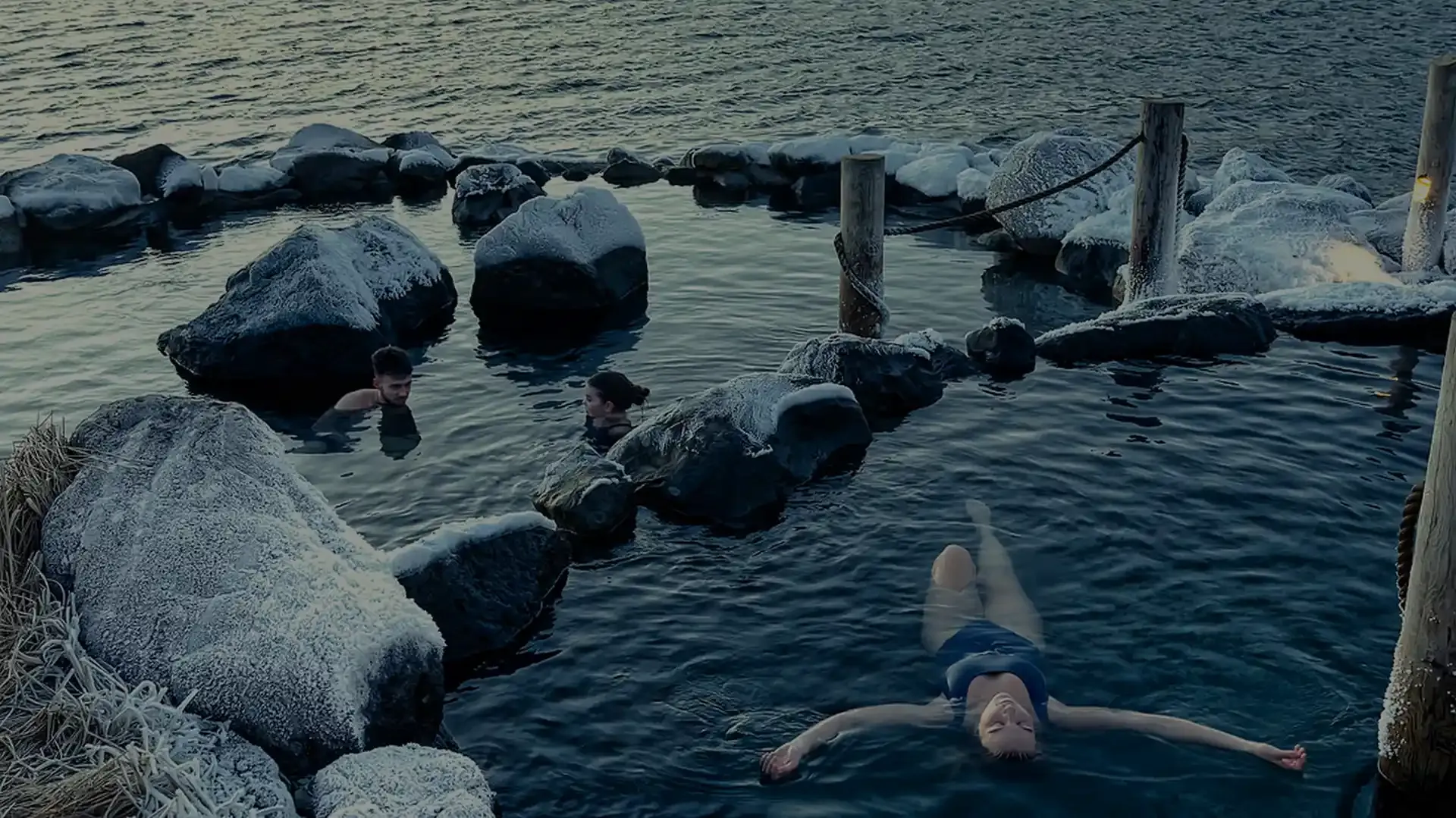 Geothermal pools at Hvammsvik in daylight