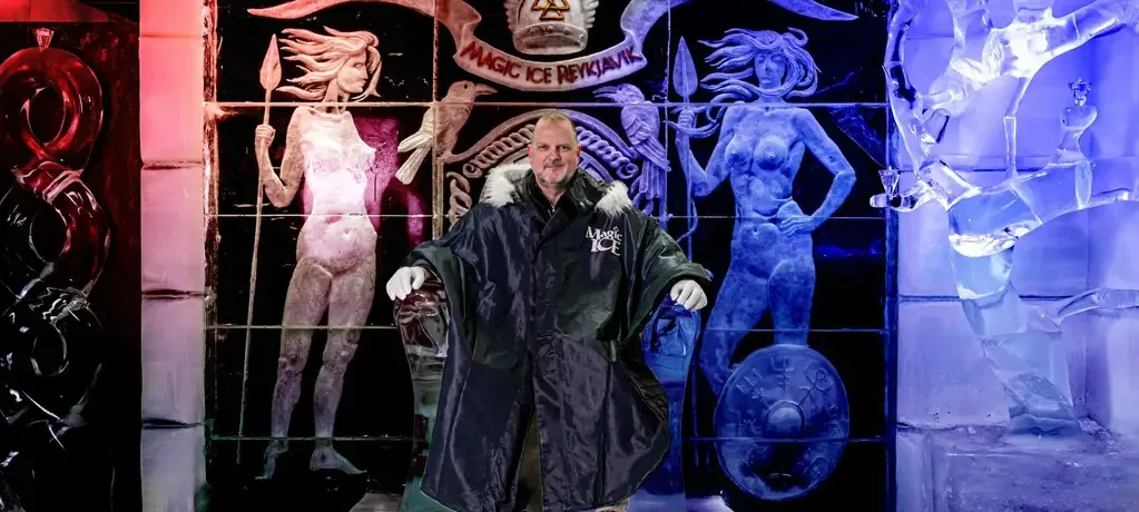 Guest on an ice throne inside Magic Ice bar