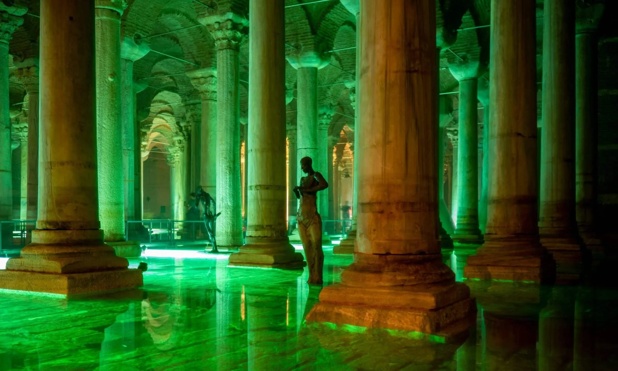 Cistern illuminated with green light