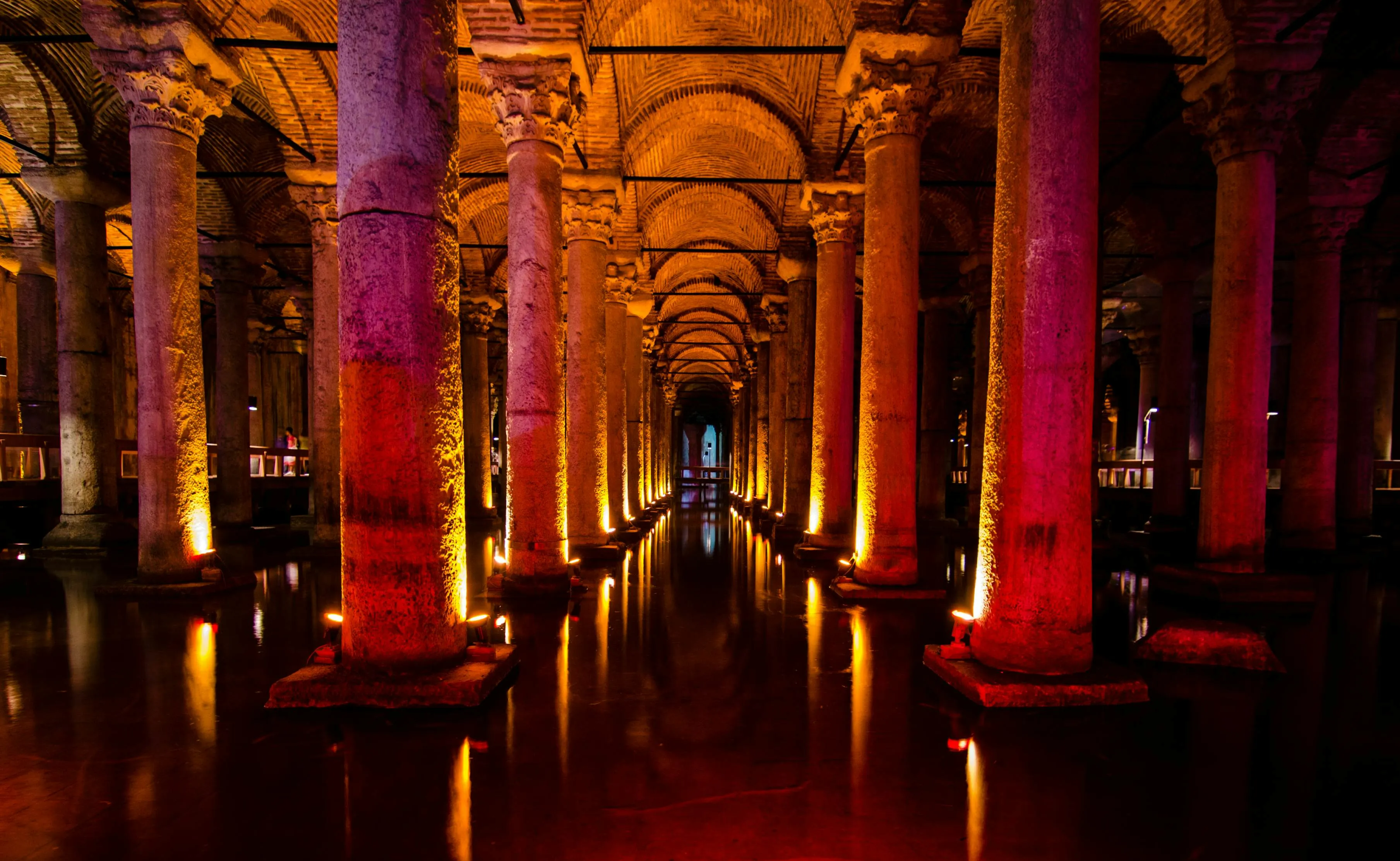 Cistern illuminated with red light