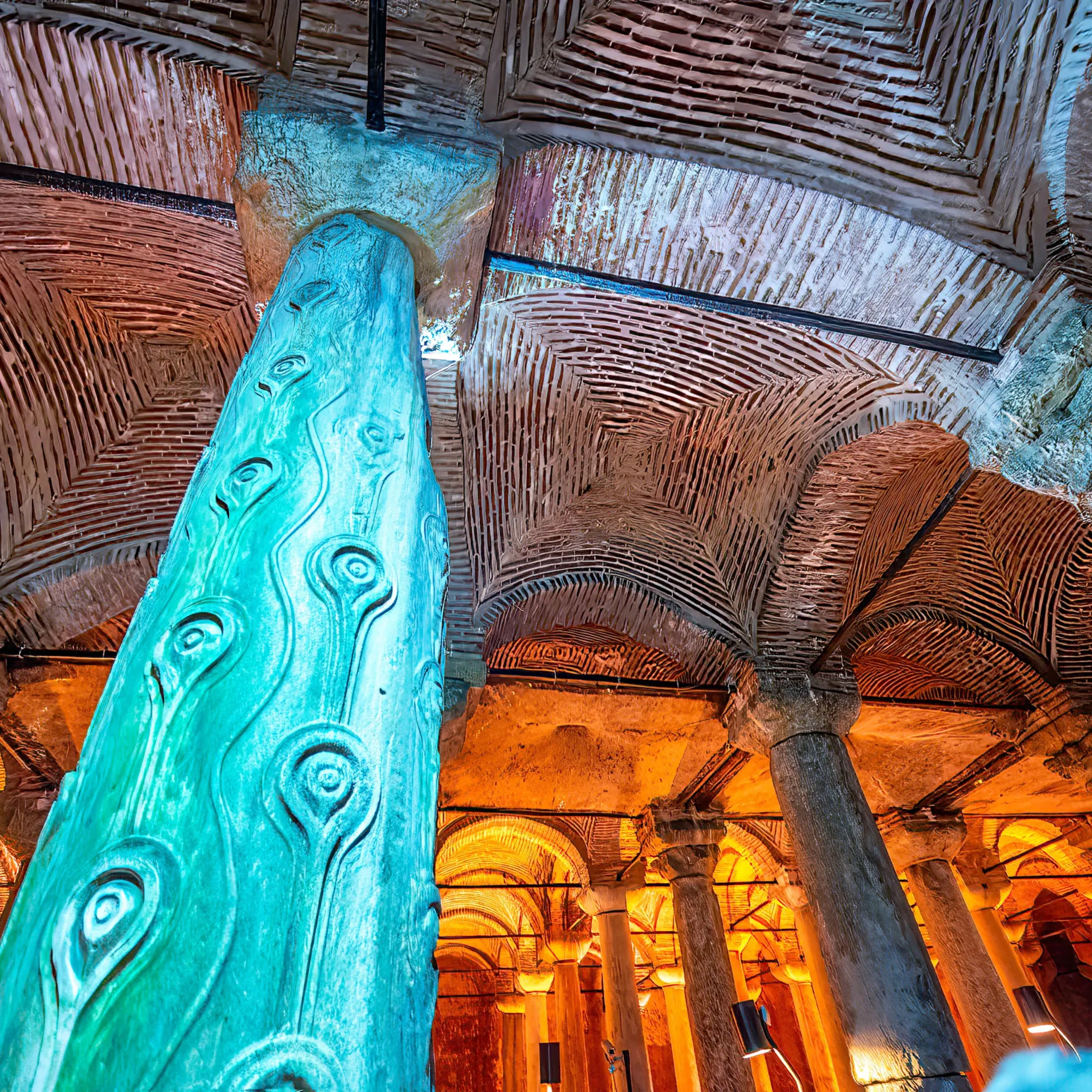 Turquoise-lit column detail