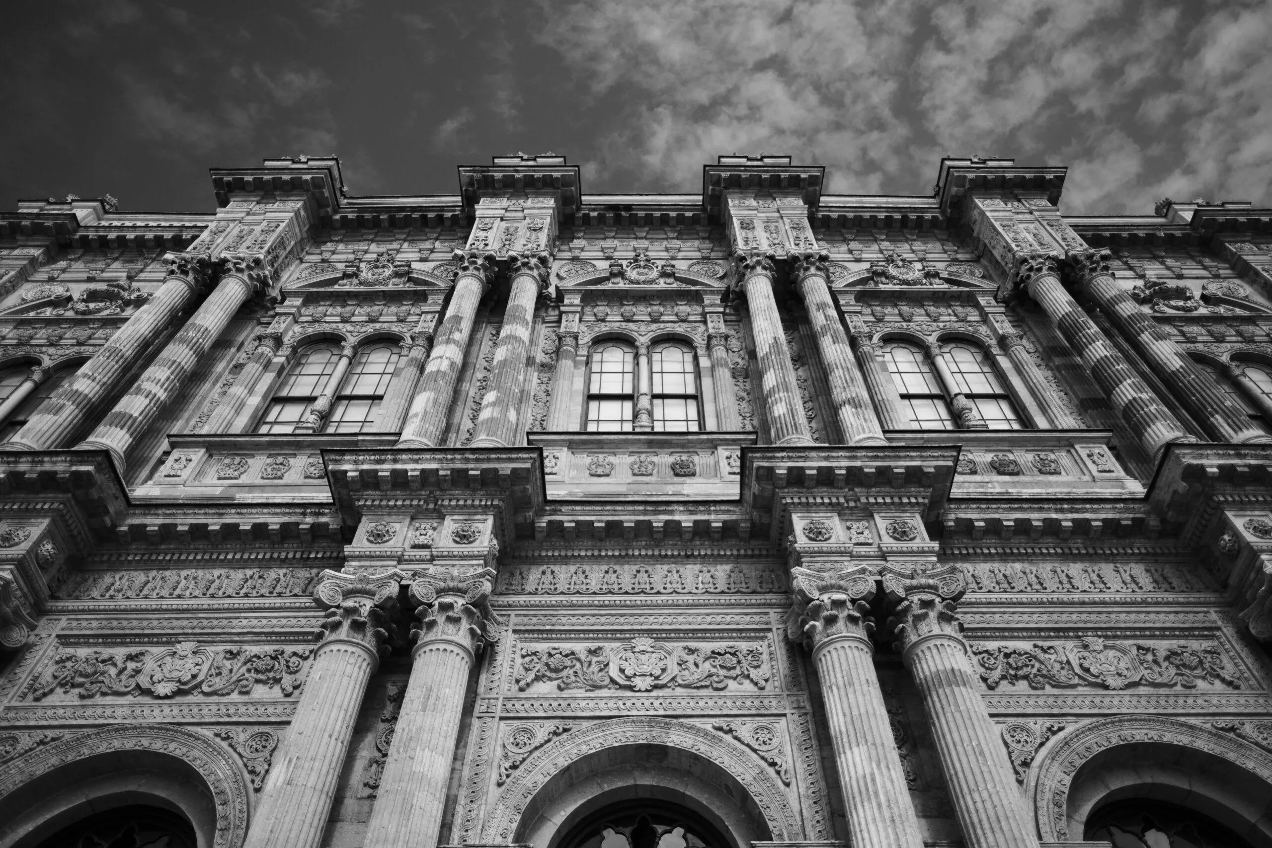 Historic black and white frontal view of Dolmabahce Palace