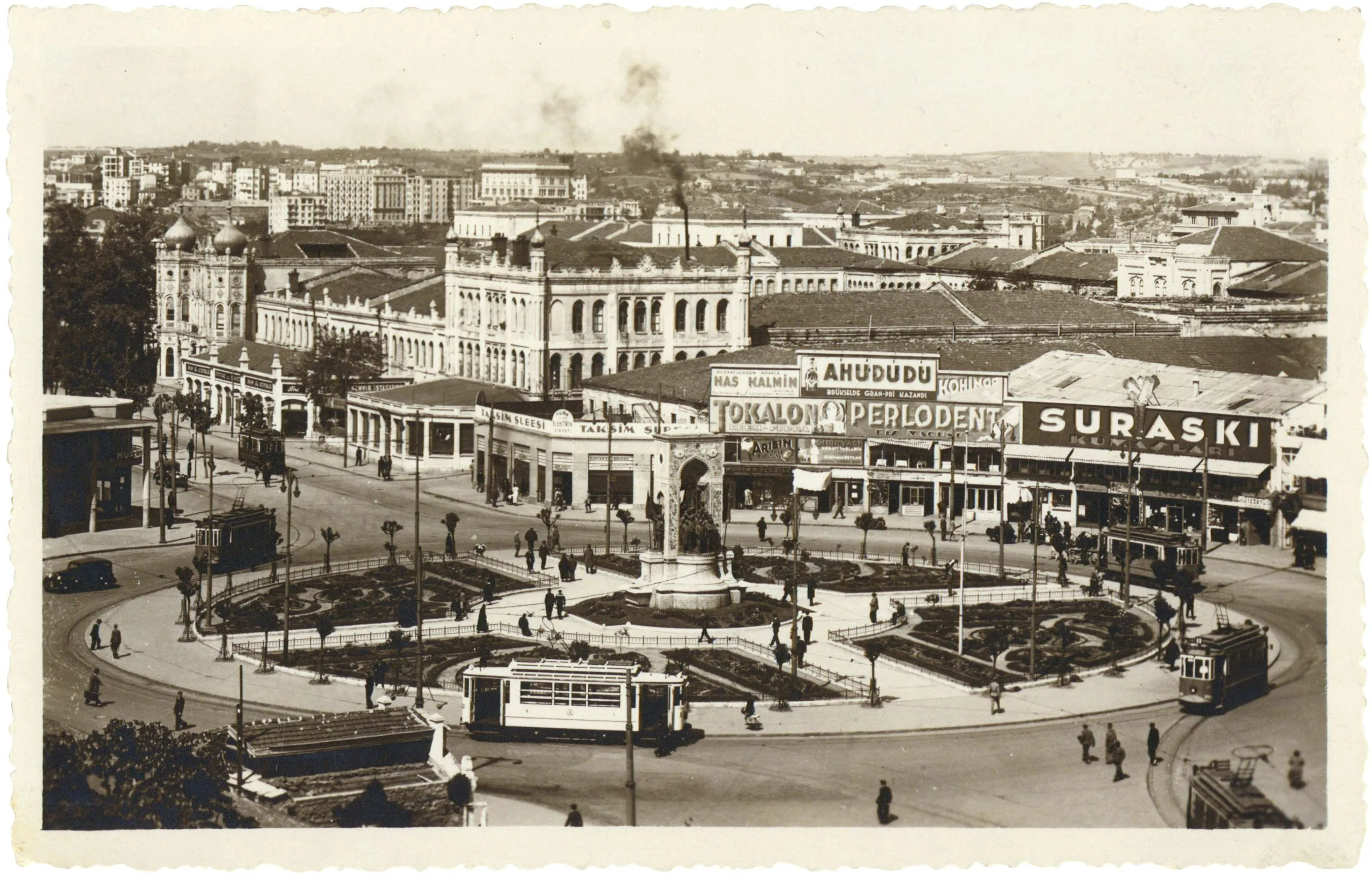 Istanbul tram at a city roundabout in the 1930s