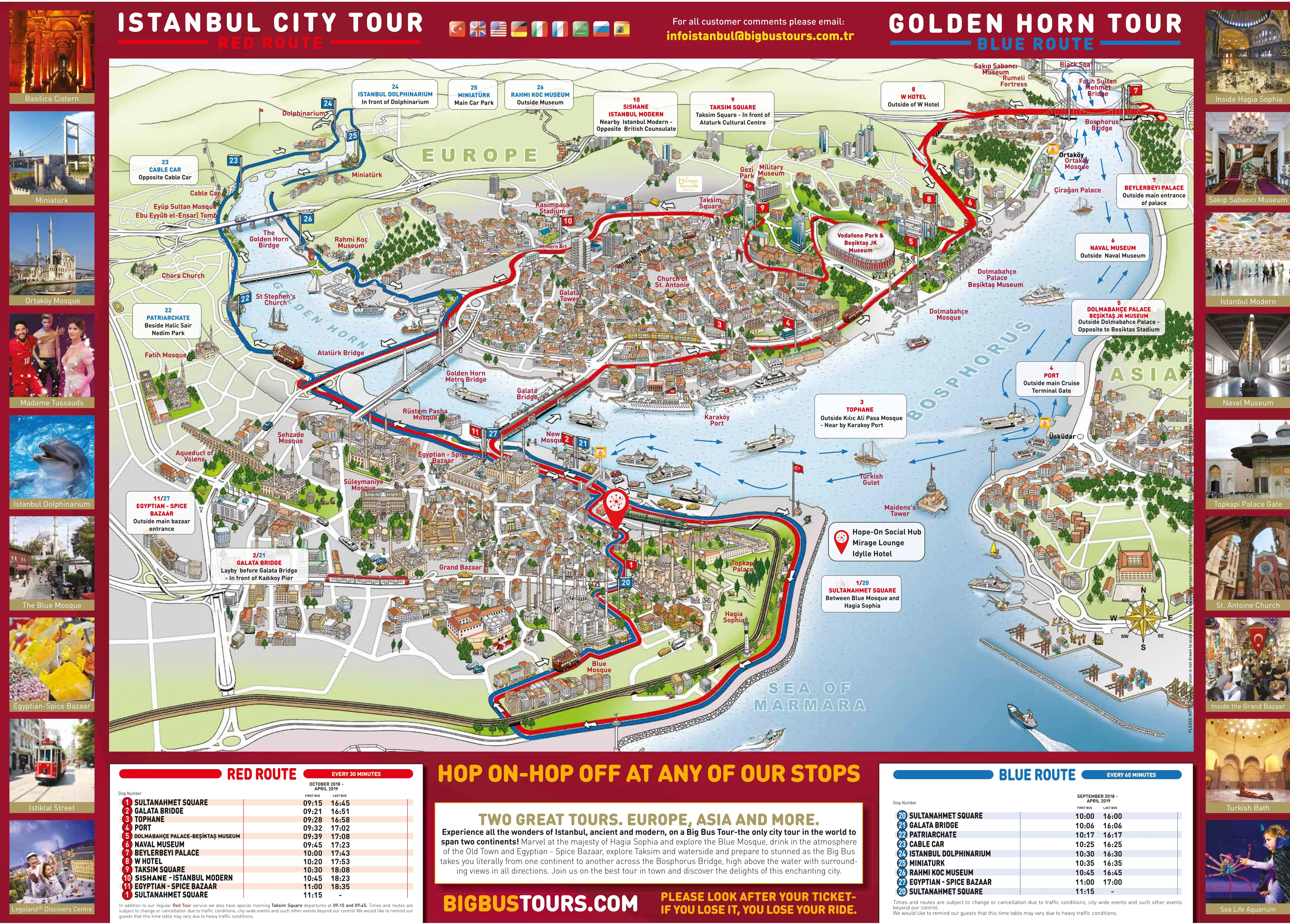 Istanbul hop-on hop-off bus route map with main sights highlighted