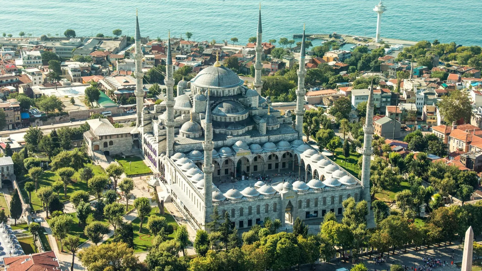 Aerial view of the Blue Mosque and Istanbul skyline