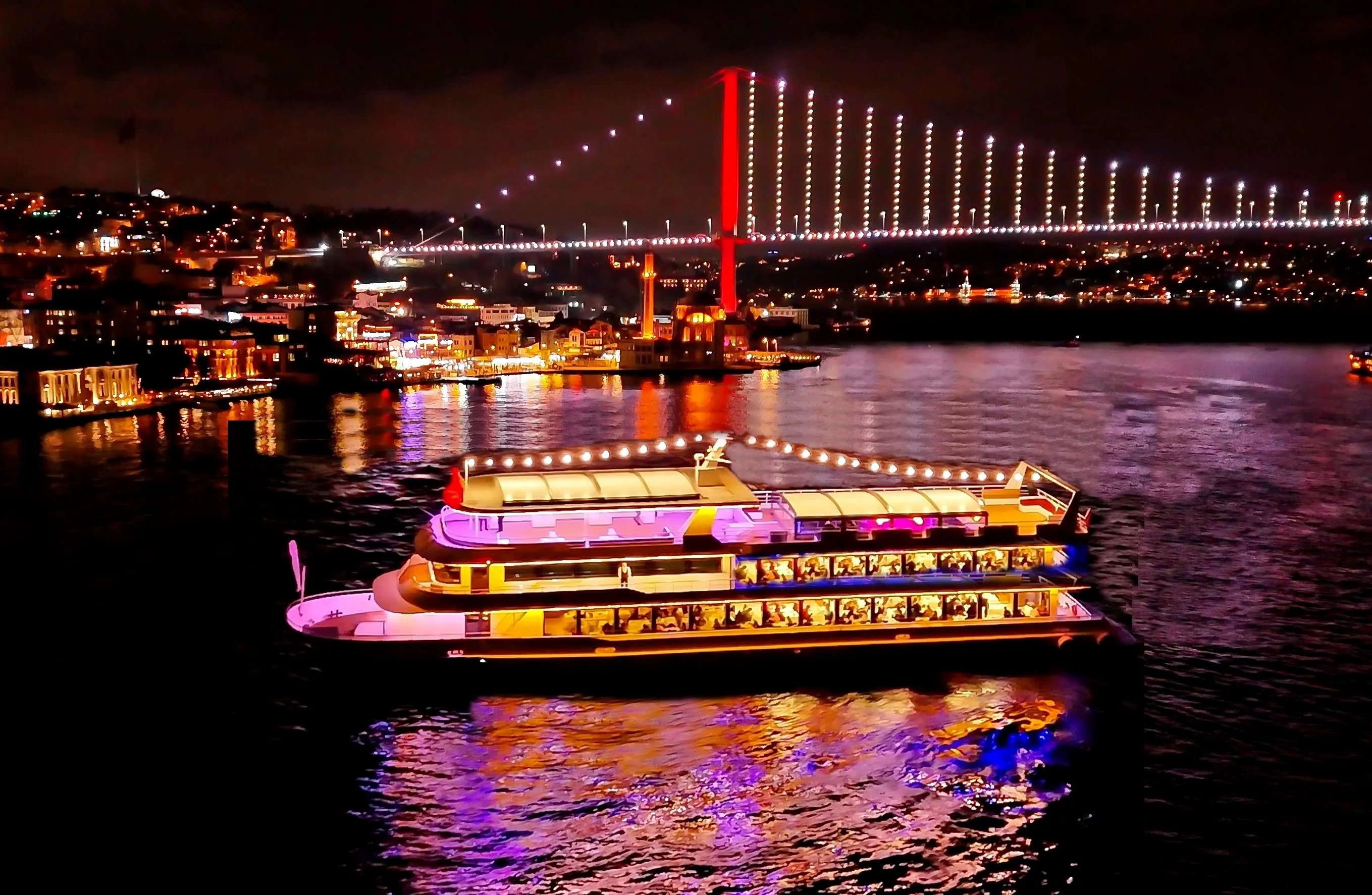 Bosphorus dinner cruise with city lights at night