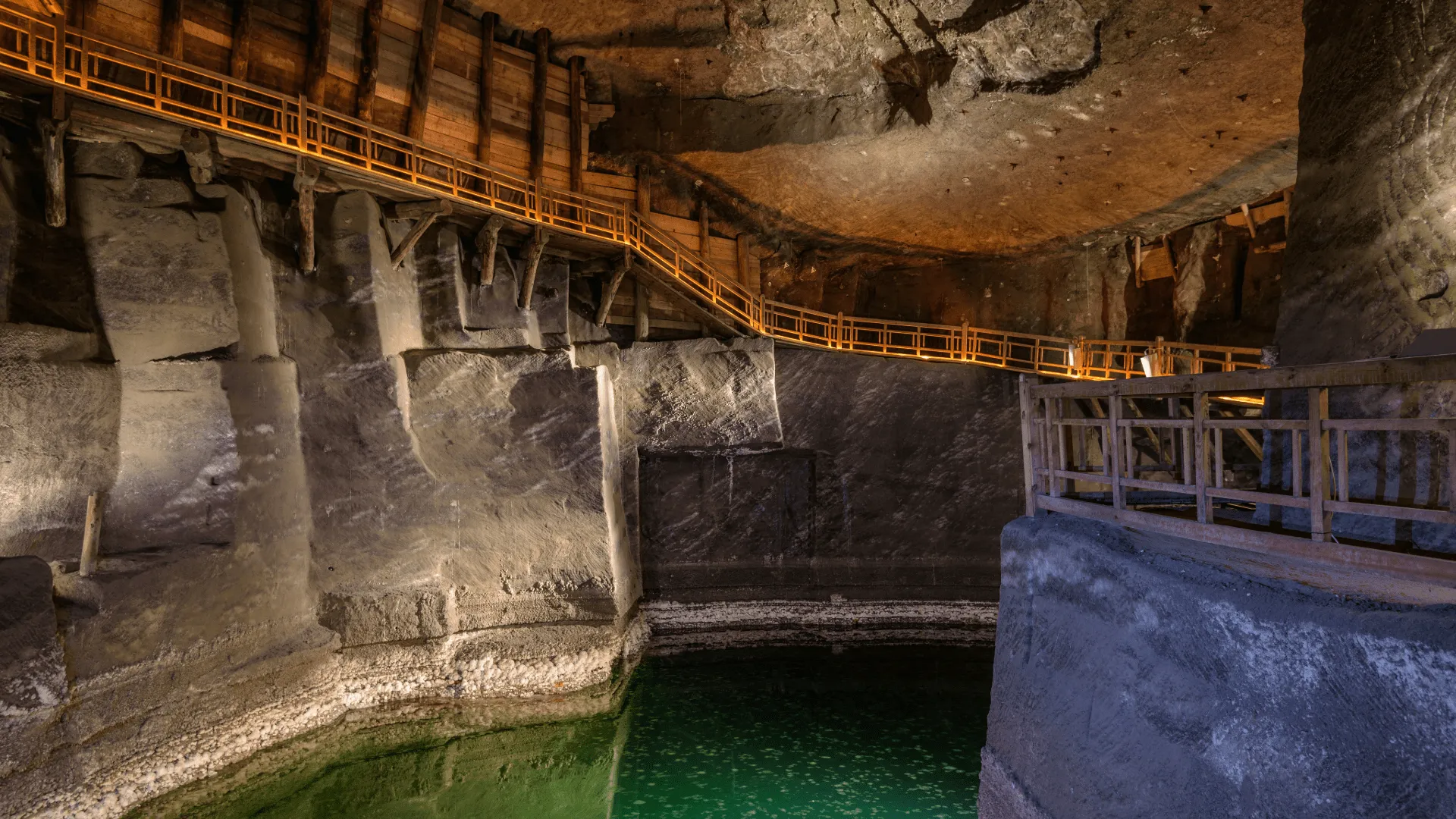 Underground catwalk above a saline lake in the mine