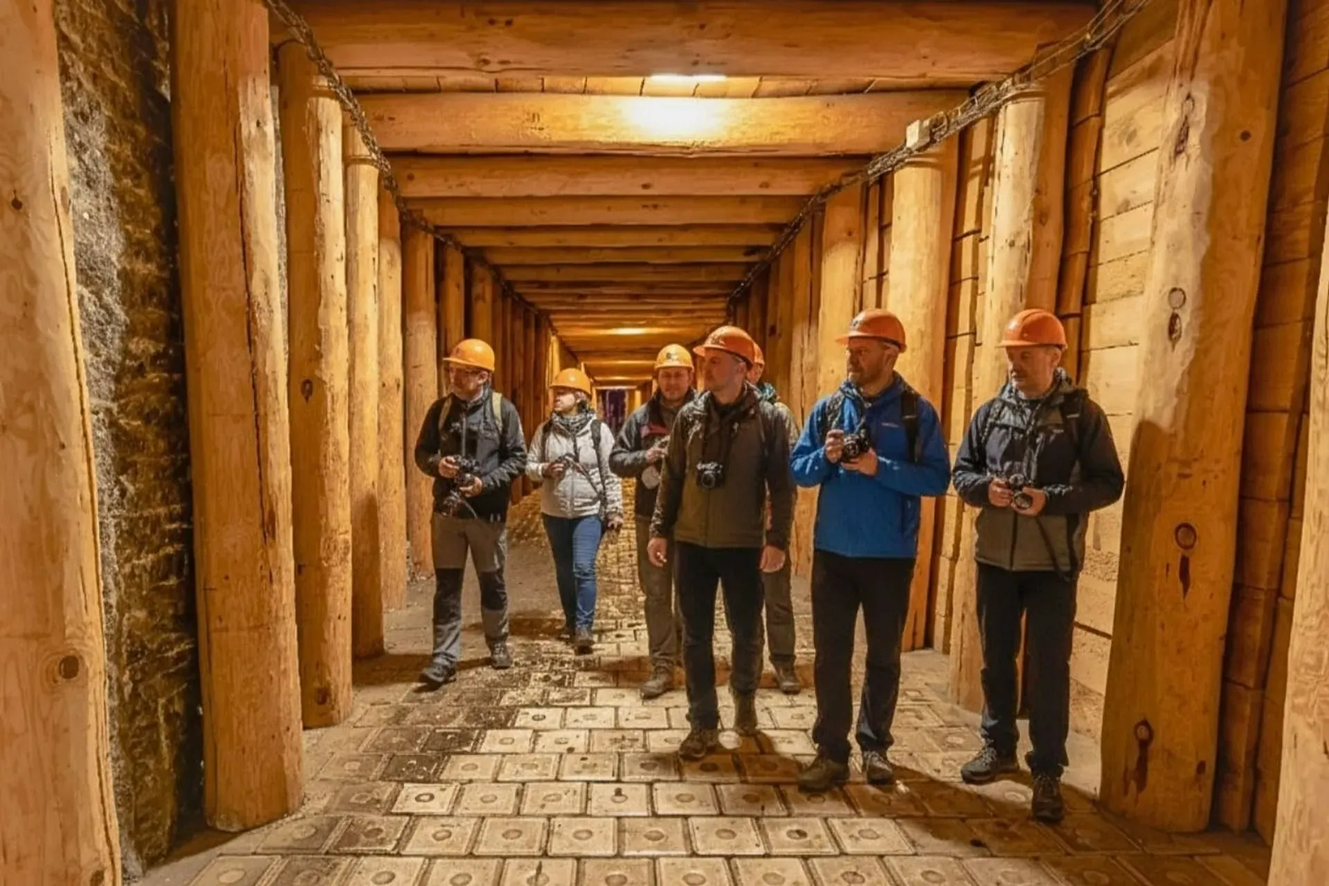 Guided group inside Wieliczka Salt Mine corridor