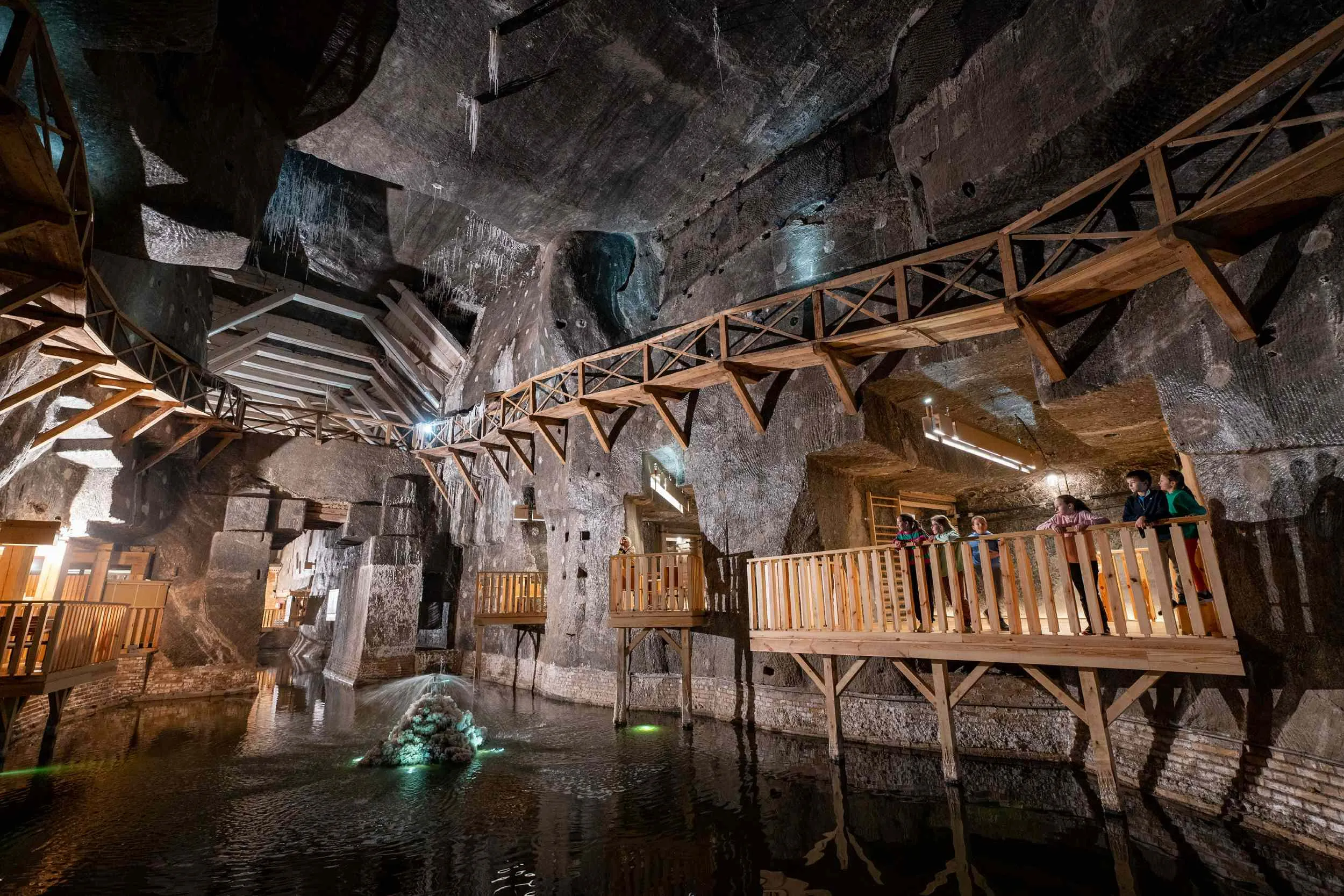 Wide underground chamber view inside Wieliczka Salt Mine